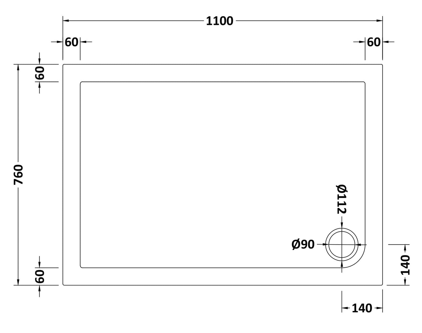 Rectangular Slimline Shower Tray 1100 x 760mm