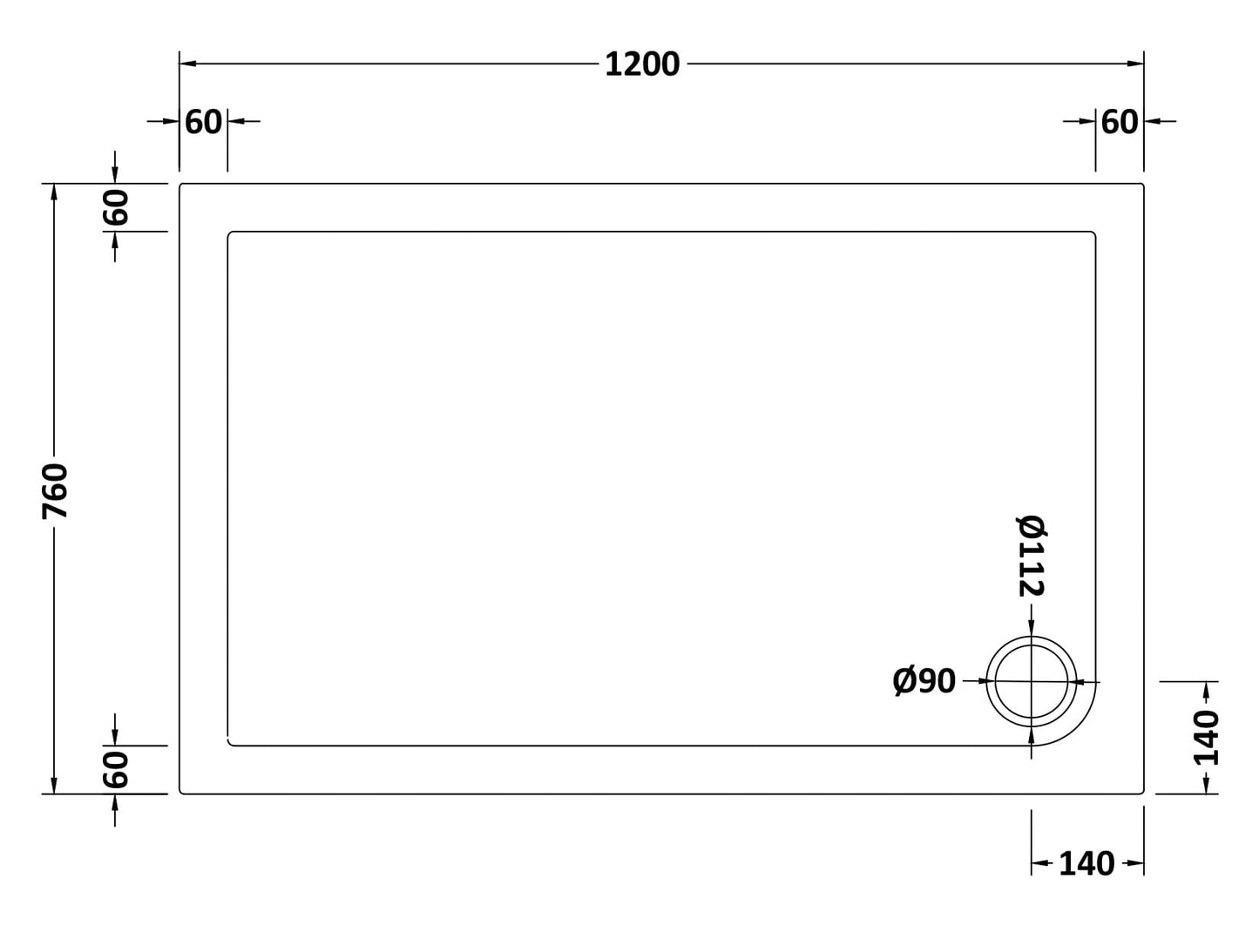 Rectangular Slimline Shower Tray 1200 x 760mm