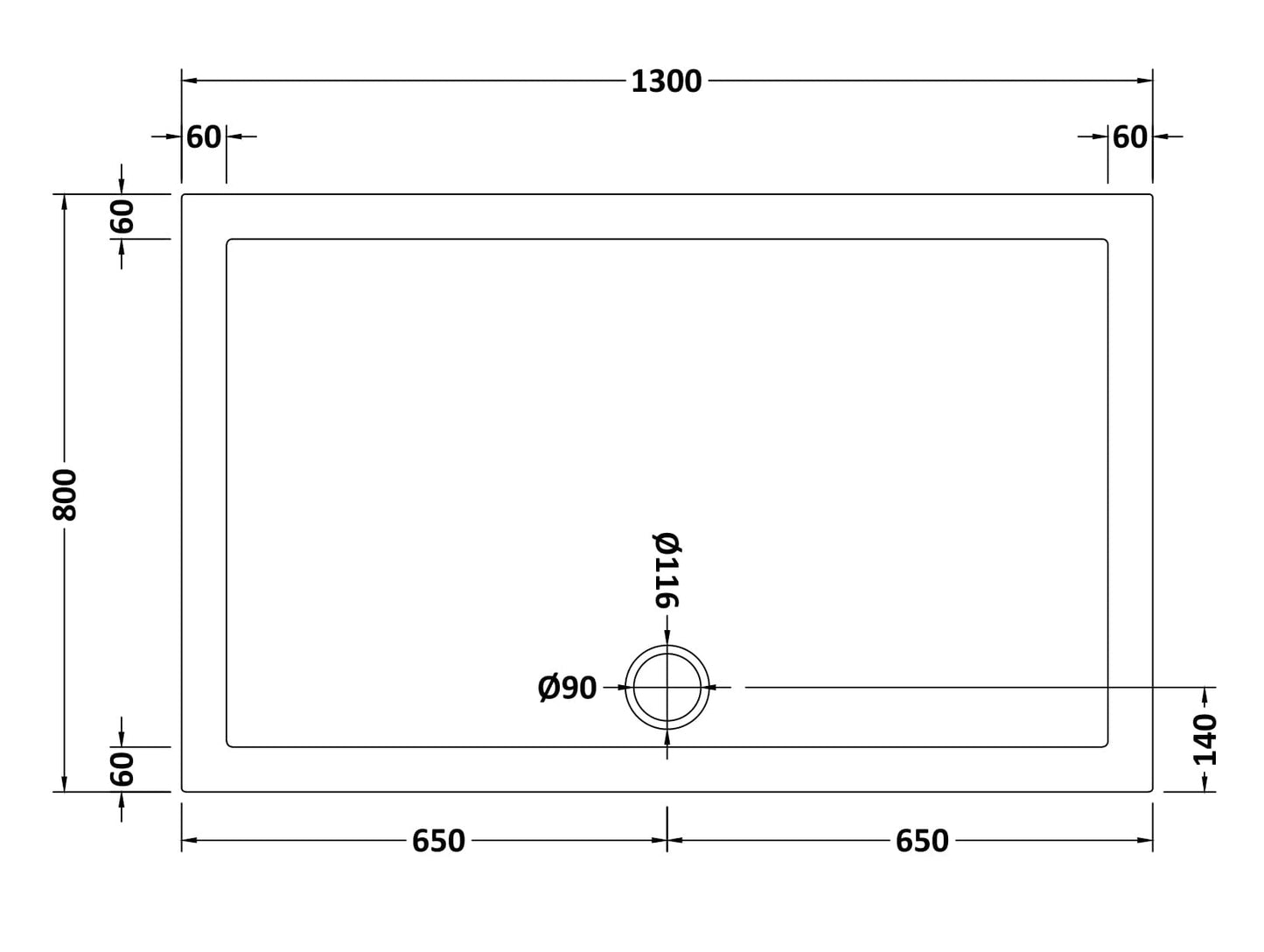 Rectangular Slimline Shower Tray 1300 x 800mm