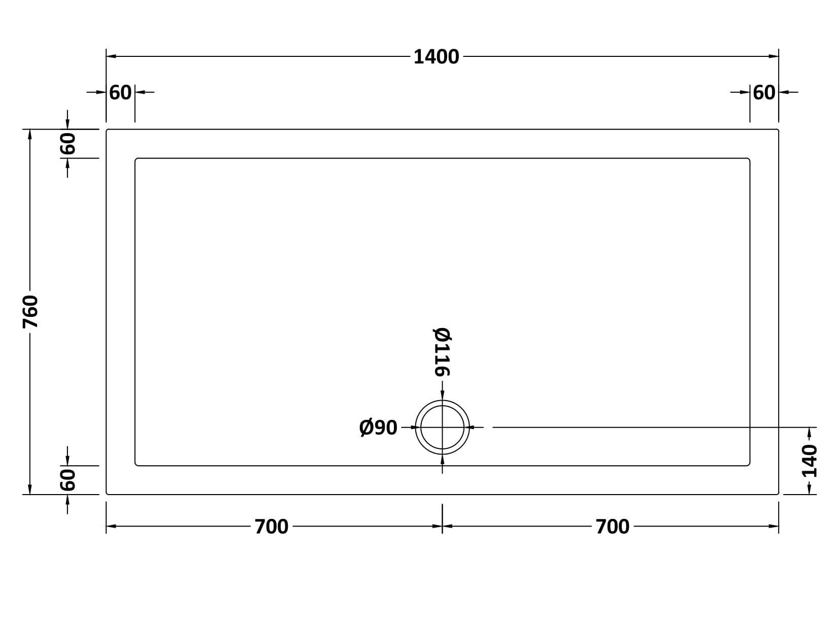 Rectangular Slimline Shower Tray 1400 x 760mm