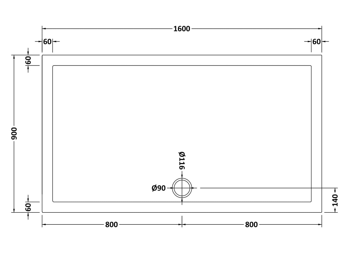 Rectangular Slimline Shower Tray 1600 x 900mm