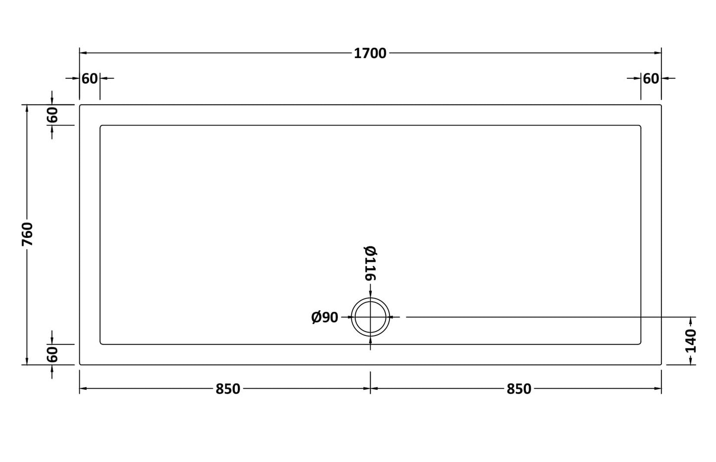 Rectangular Slimline Shower Tray 1700 x 760mm