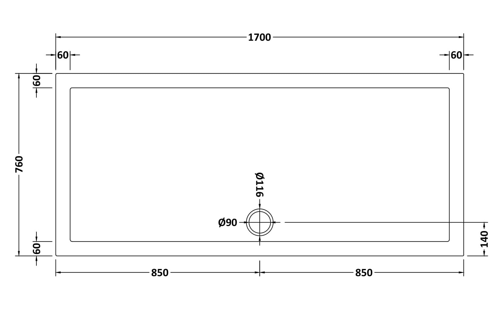 Rectangular Slimline Shower Tray 1700 x 760mm
