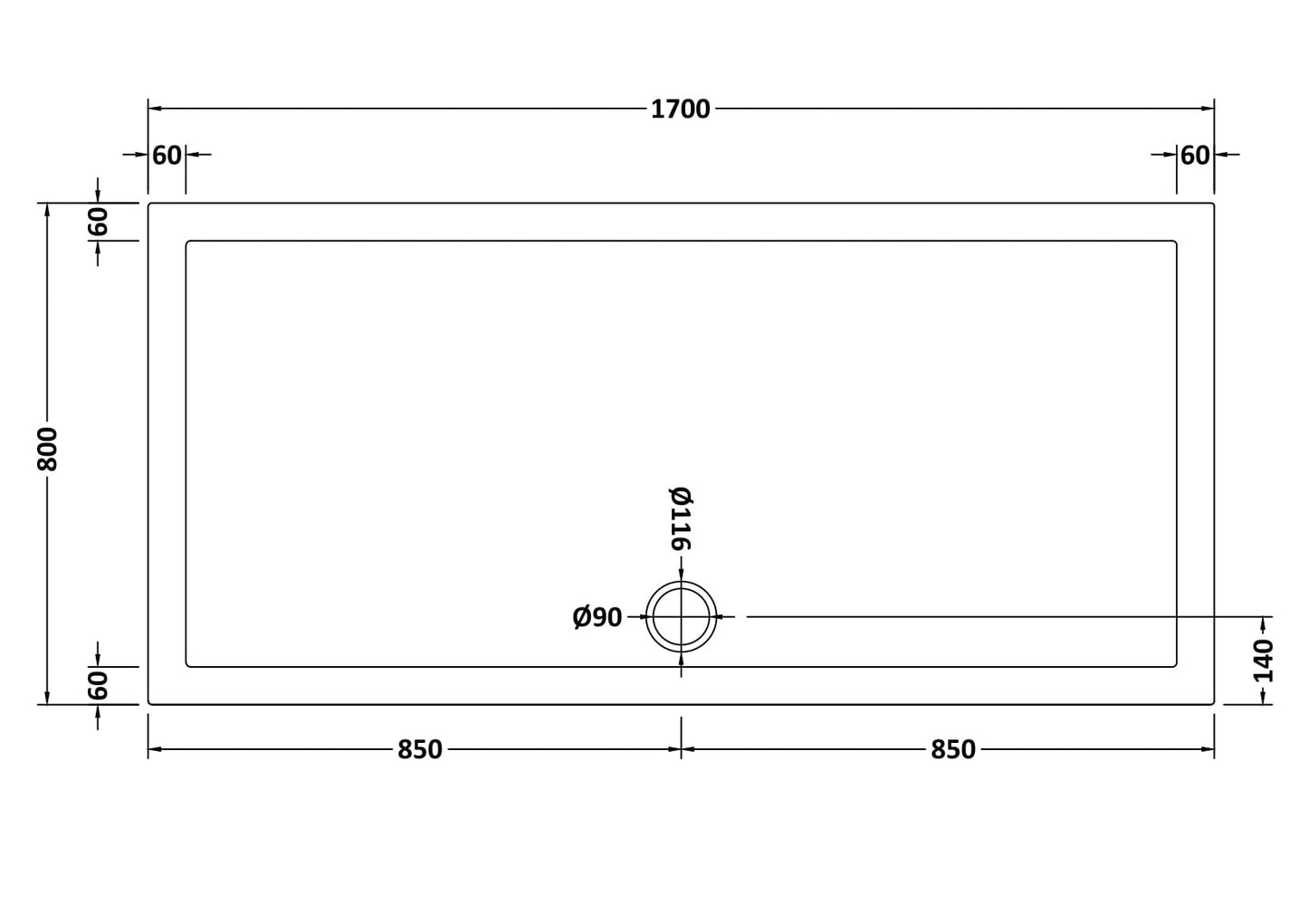 Rectangular Slimline Shower Tray 1700 x 800mm