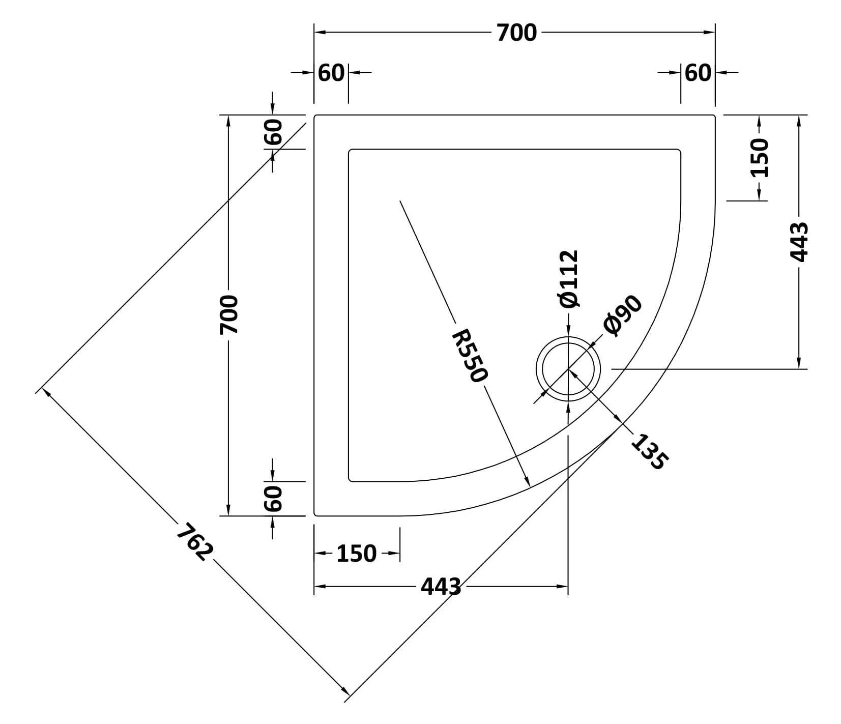 Quadrant Slimline Shower Tray 700 x 700mm