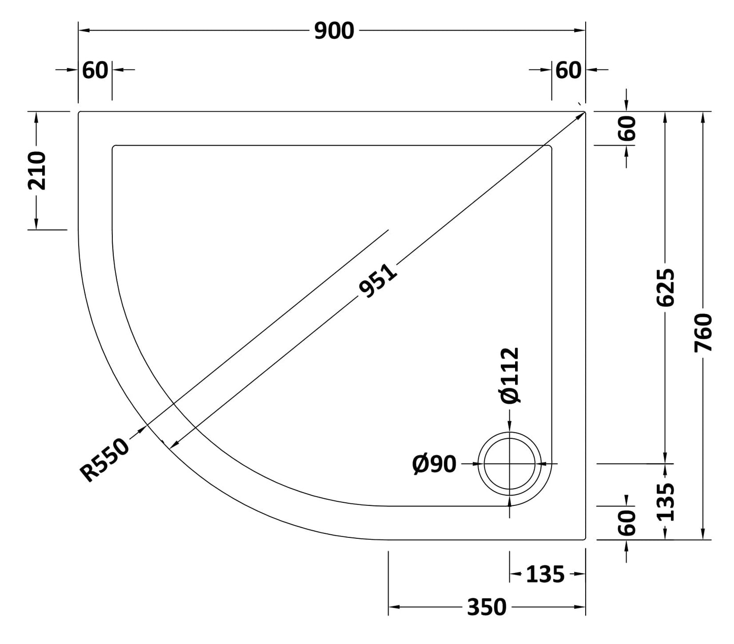 Offset Quadrant Slimline Shower Tray Left Hand 900 x 760mm