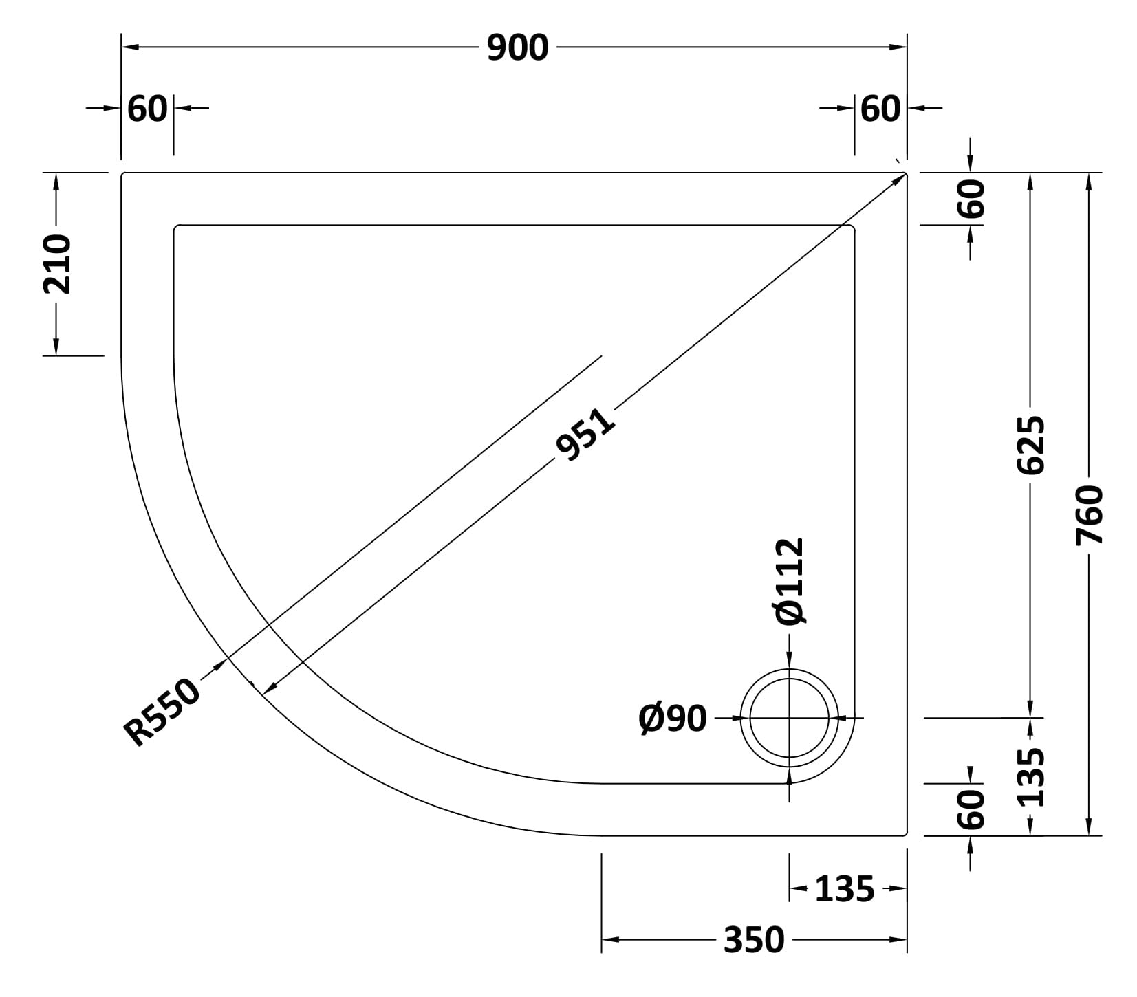 Offset Quadrant Slimline Shower Tray Left Hand 900 x 760mm