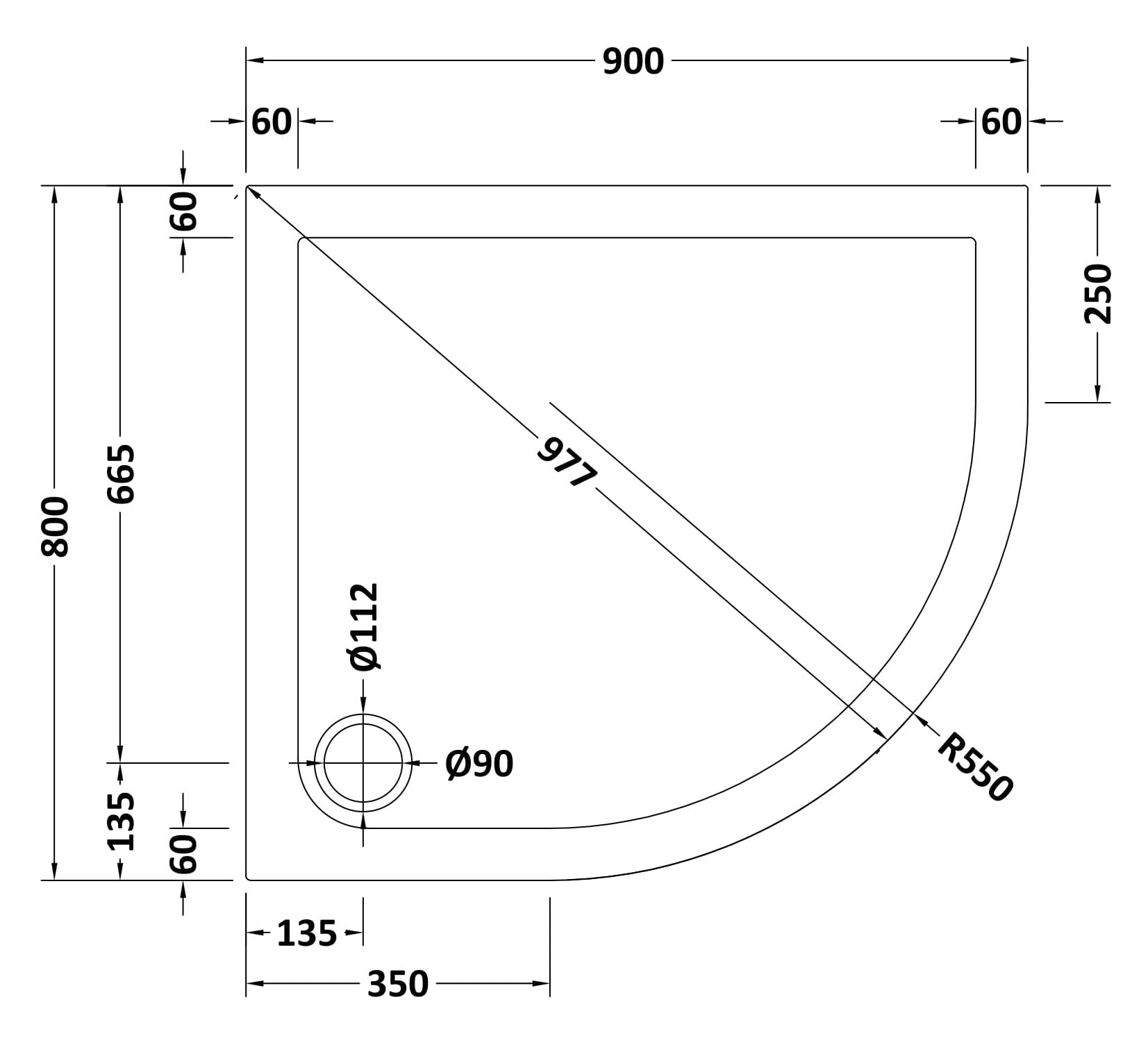 Offset Quadrant Slimline Shower Tray Right Hand 900 x 800mm