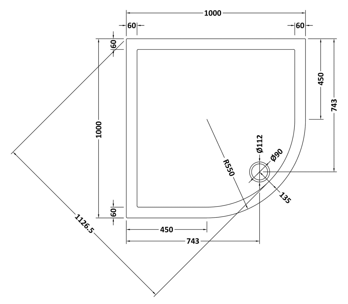 Quadrant Slimline Shower Tray 1000 x 1000mm