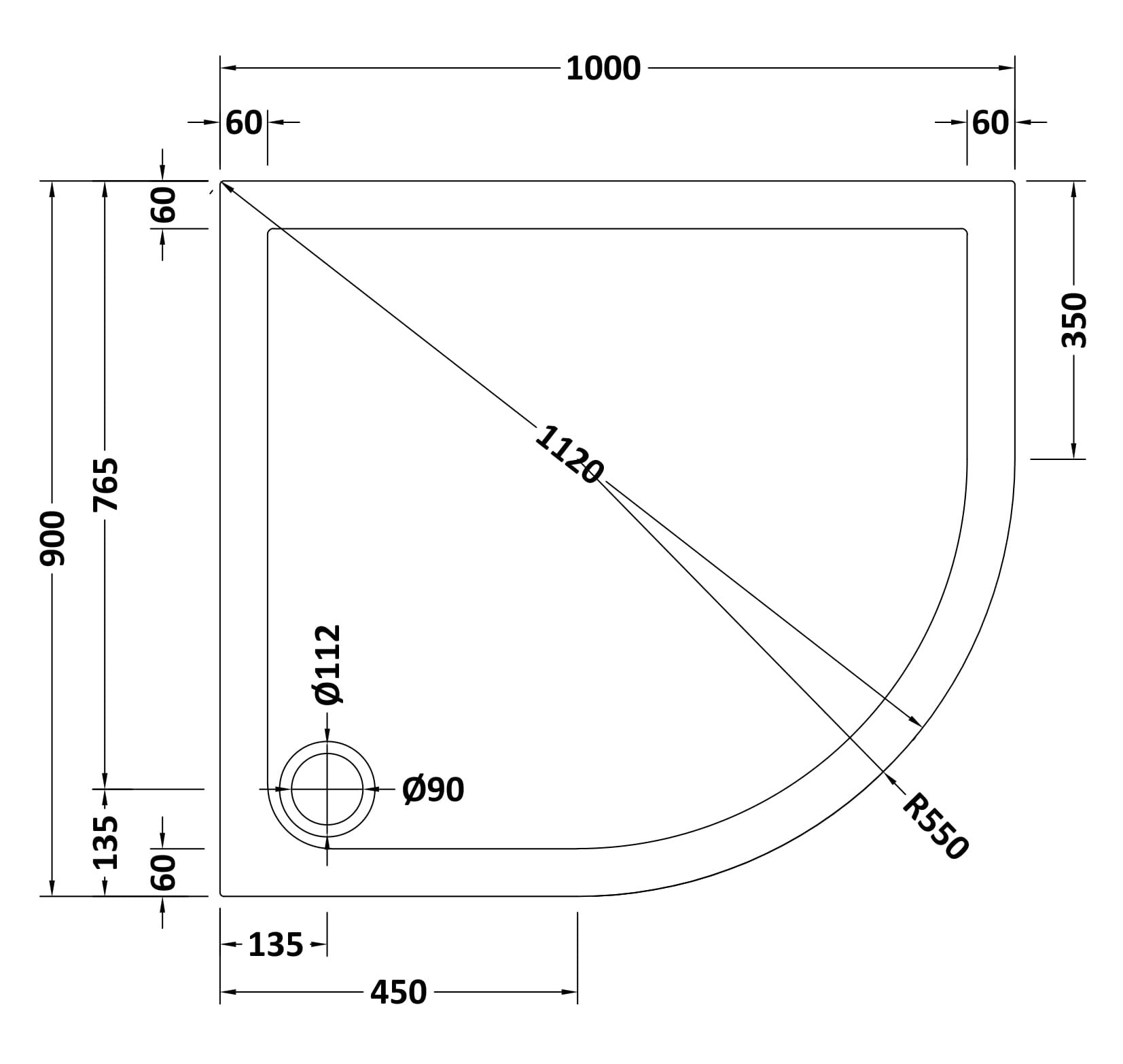 Offset Quadrant Slimline Shower Tray Right Hand 1000 x 900mm