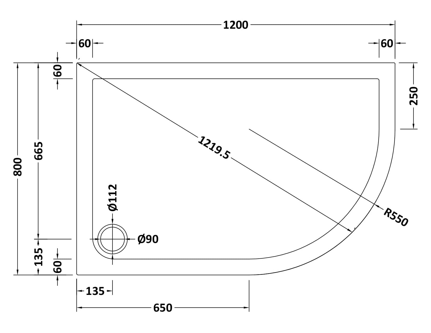 Offset Quadrant Slimline Shower Tray Right Hand 1200 x 800mm