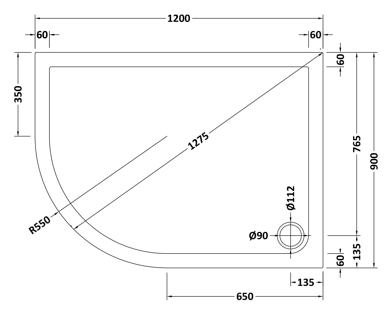 Offset Quadrant Slimline Shower Tray Left Hand 1200 x 900mm