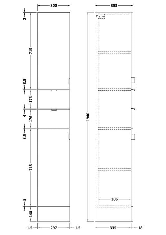 Hudson Reed Fusion 300mm 2 Door Drawer Bleached Oak Floor Standing Tall Cabinet With Handles