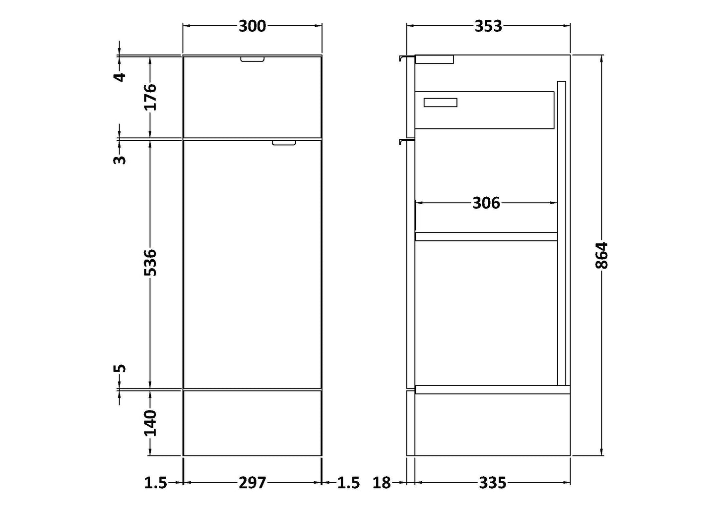 Hudson Reed Fusion 300mm 1 Door Drawer Graphite Grey Woodgrain Floor Standing Cabinet With Handles