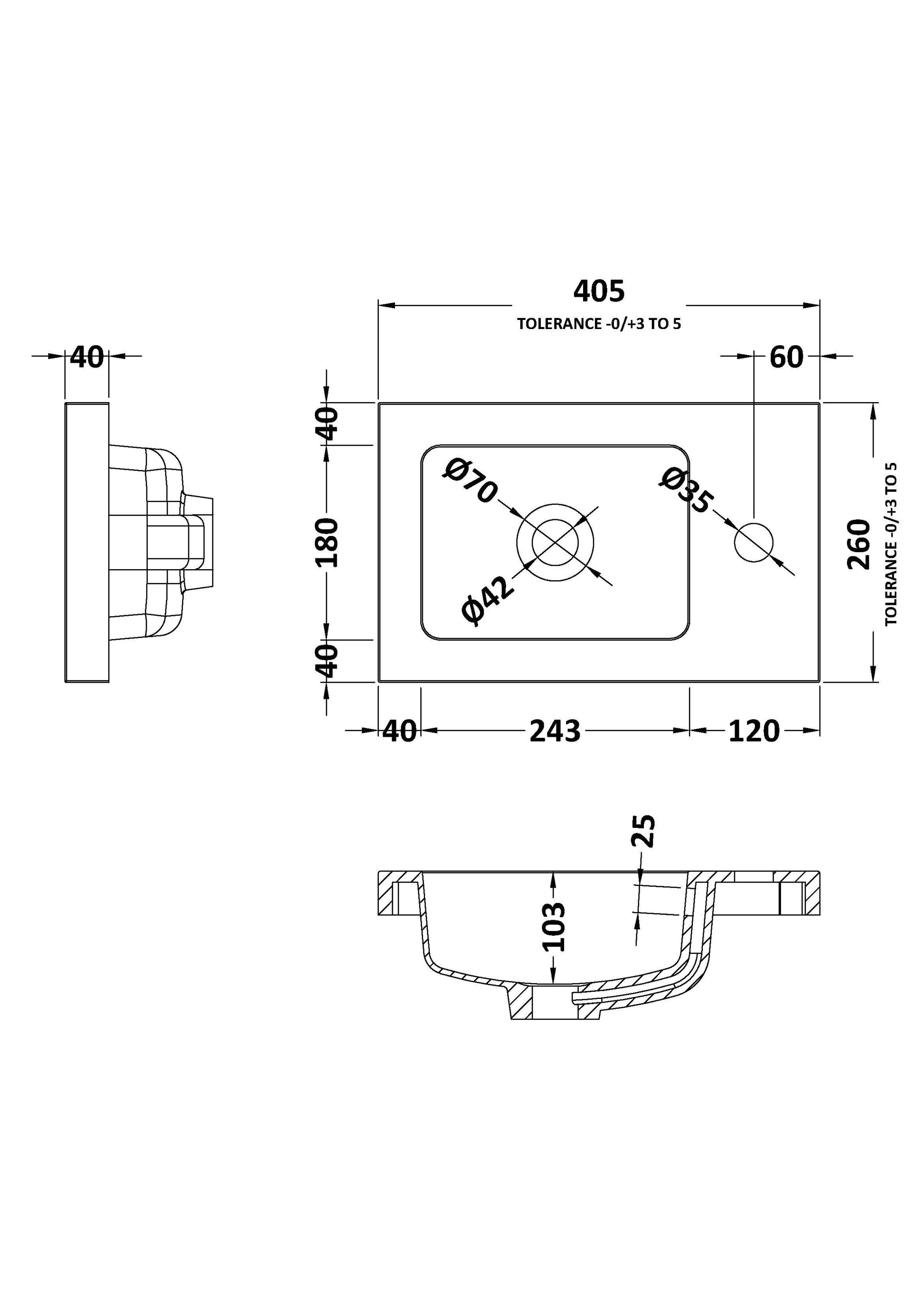 Fusion Fitted Square Compact 1 Tap Hole Polymarble Basin 400mm