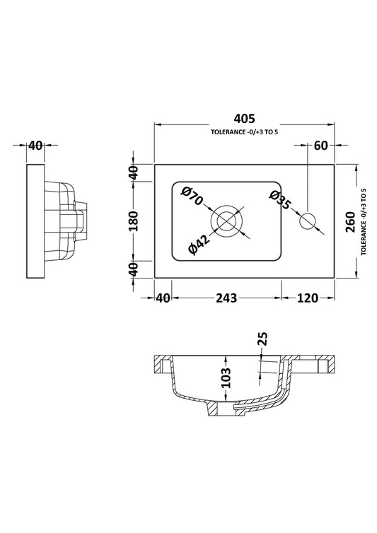 Fusion Fitted Square Compact 1 Tap Hole Polymarble Basin 400mm