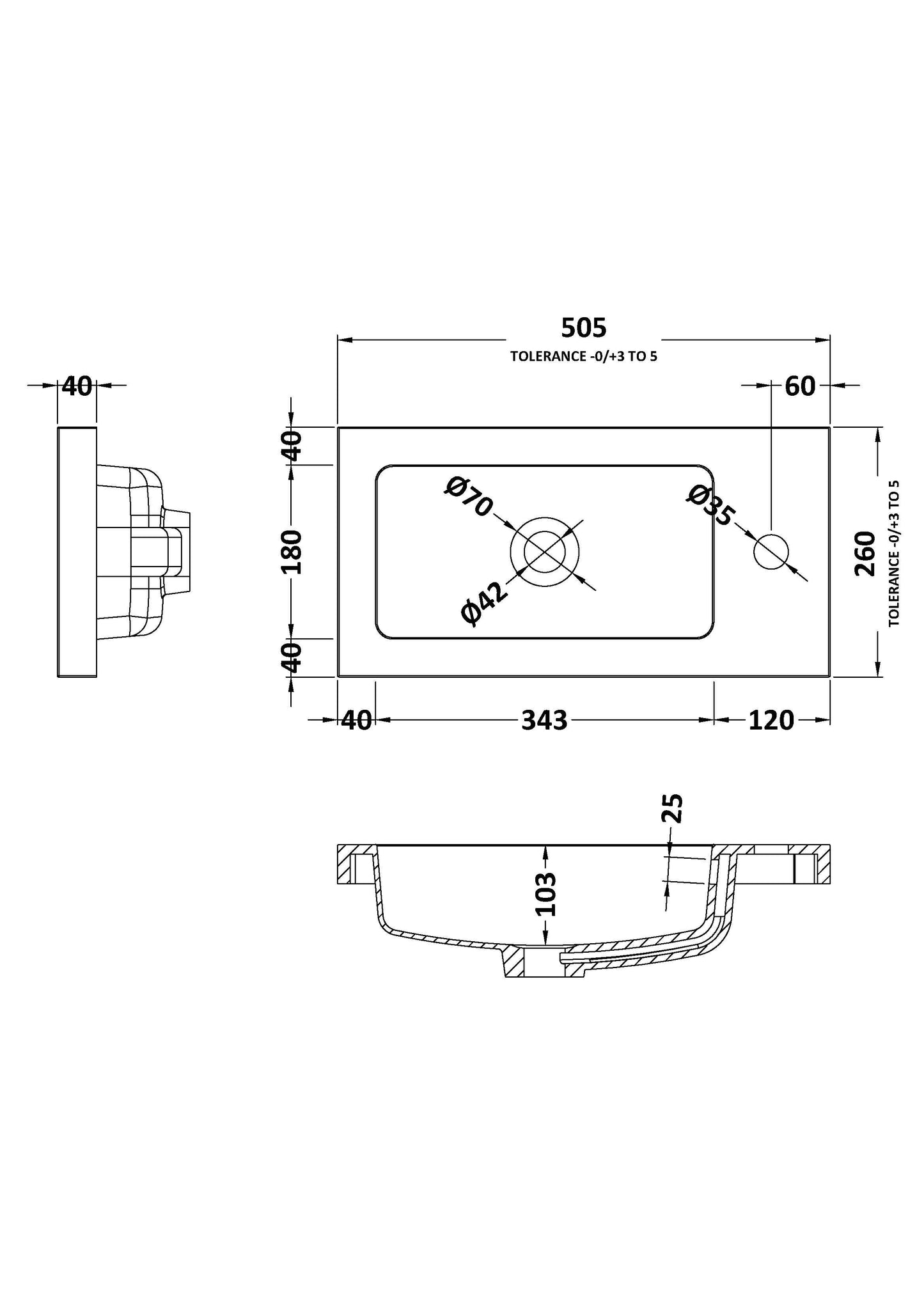 Fusion Fitted Square Compact 1 Tap Hole Polymarble Basin 500mm