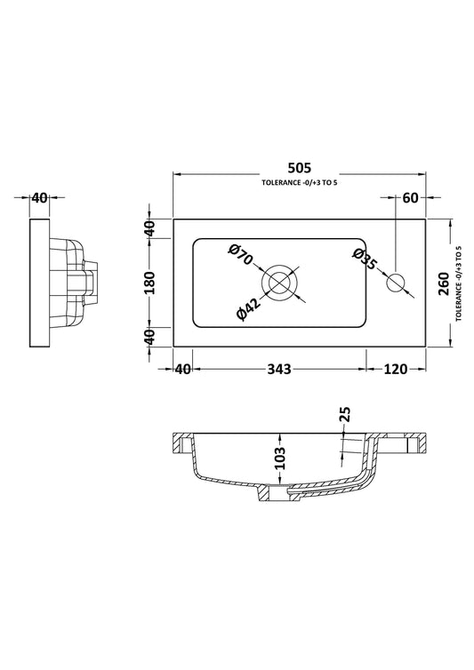 Fusion Fitted Square Compact 1 Tap Hole Polymarble Basin 500mm
