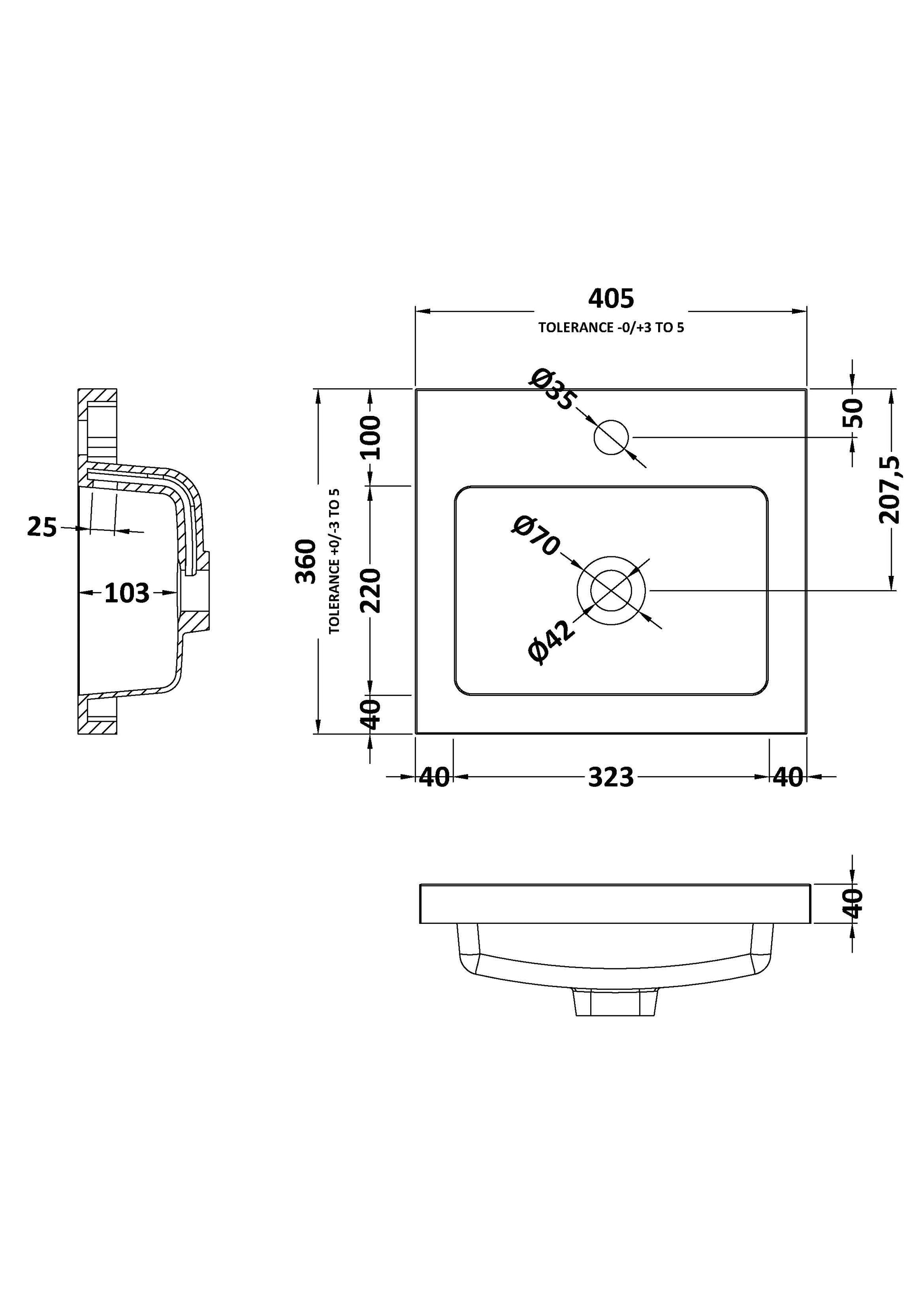 Fusion Fitted Square full-depth 1 Tap Hole Polymarble Basin 400mm