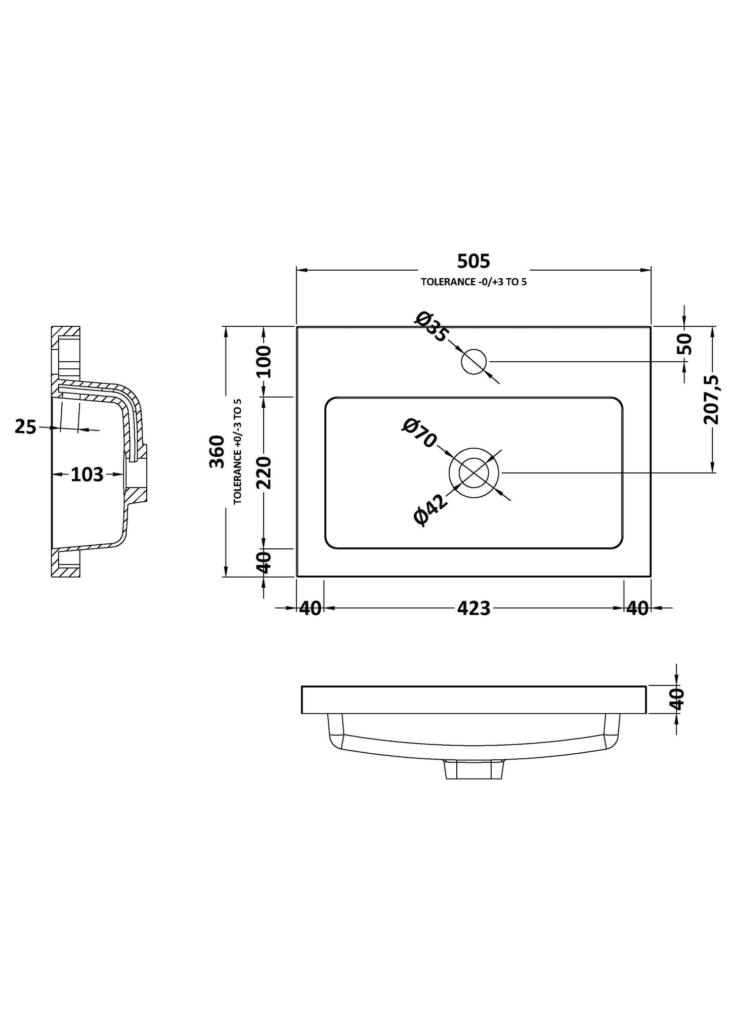 Arno Compact 500mm Polymarble Basin 1 Tap Hole