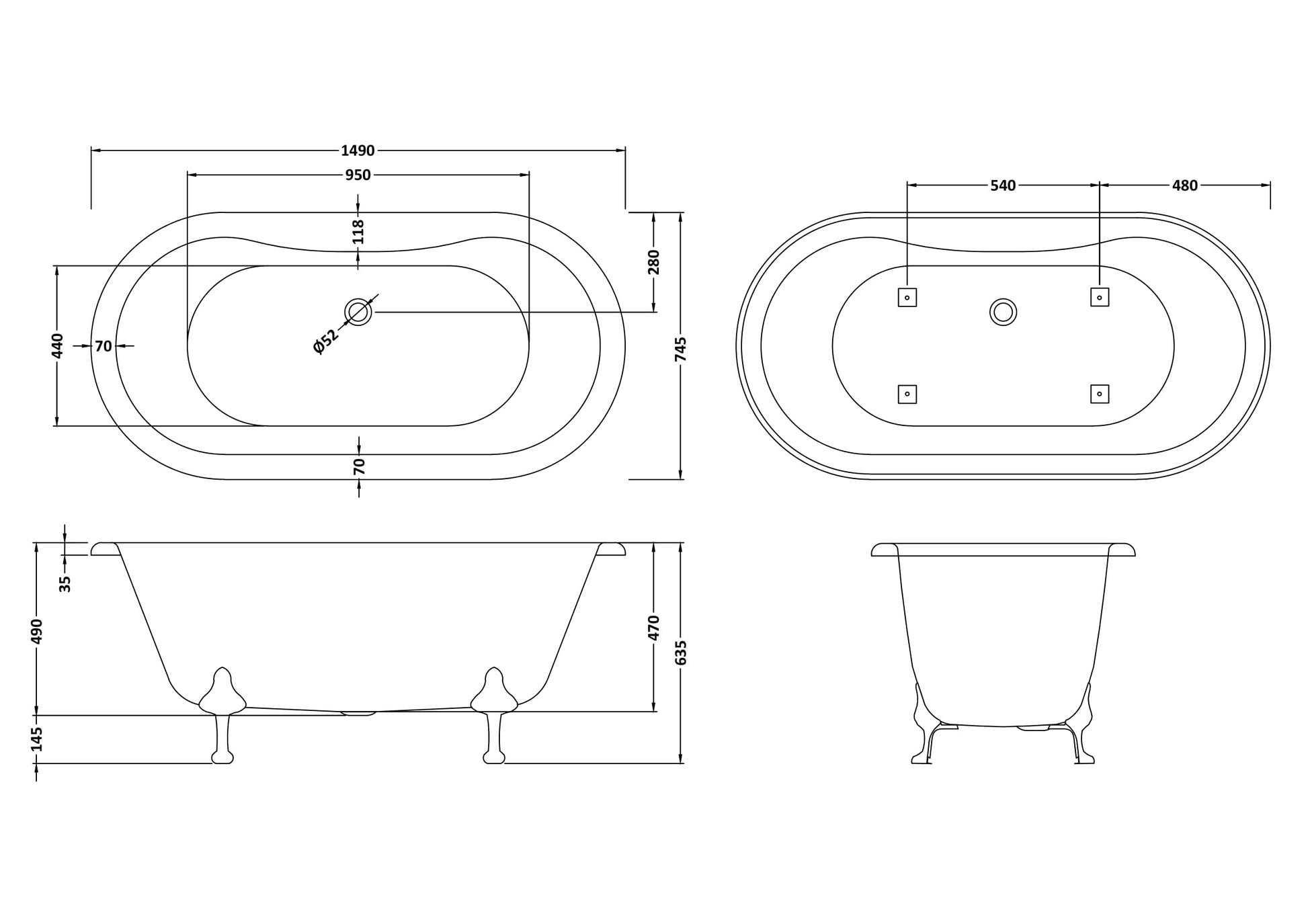 Hudson Reed 1490mm Freestanding Bath With Corbel Legs