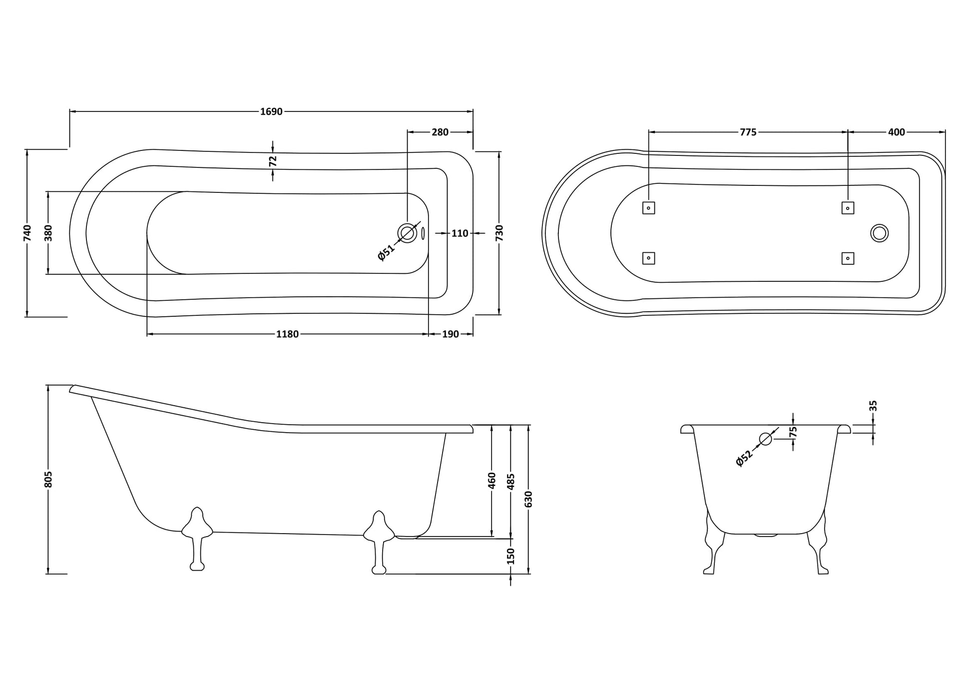 Hudson Reed 1690mm Freestanding Bath With Corbel Legs