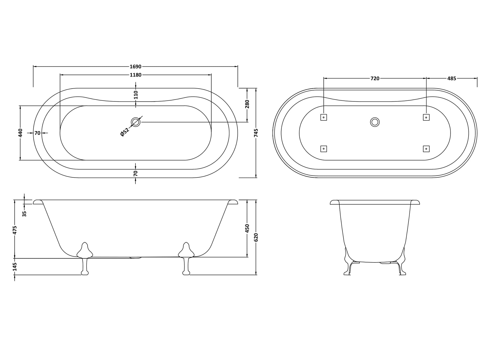 Hudson Reed 1690mm Freestanding Bath With Deacon Legs