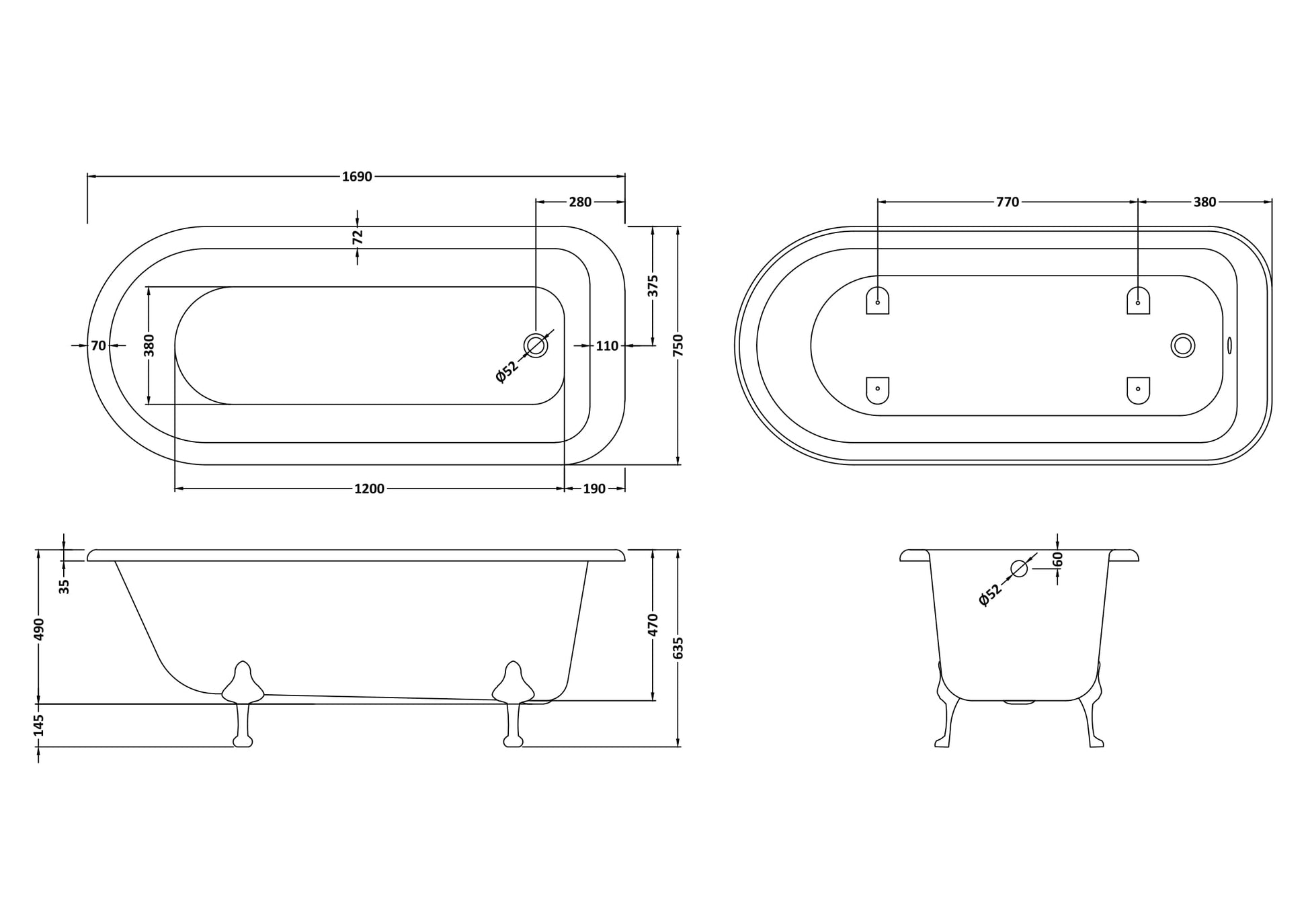 Hudson Reed 1690mm Freestanding Bath With Corbel Legs