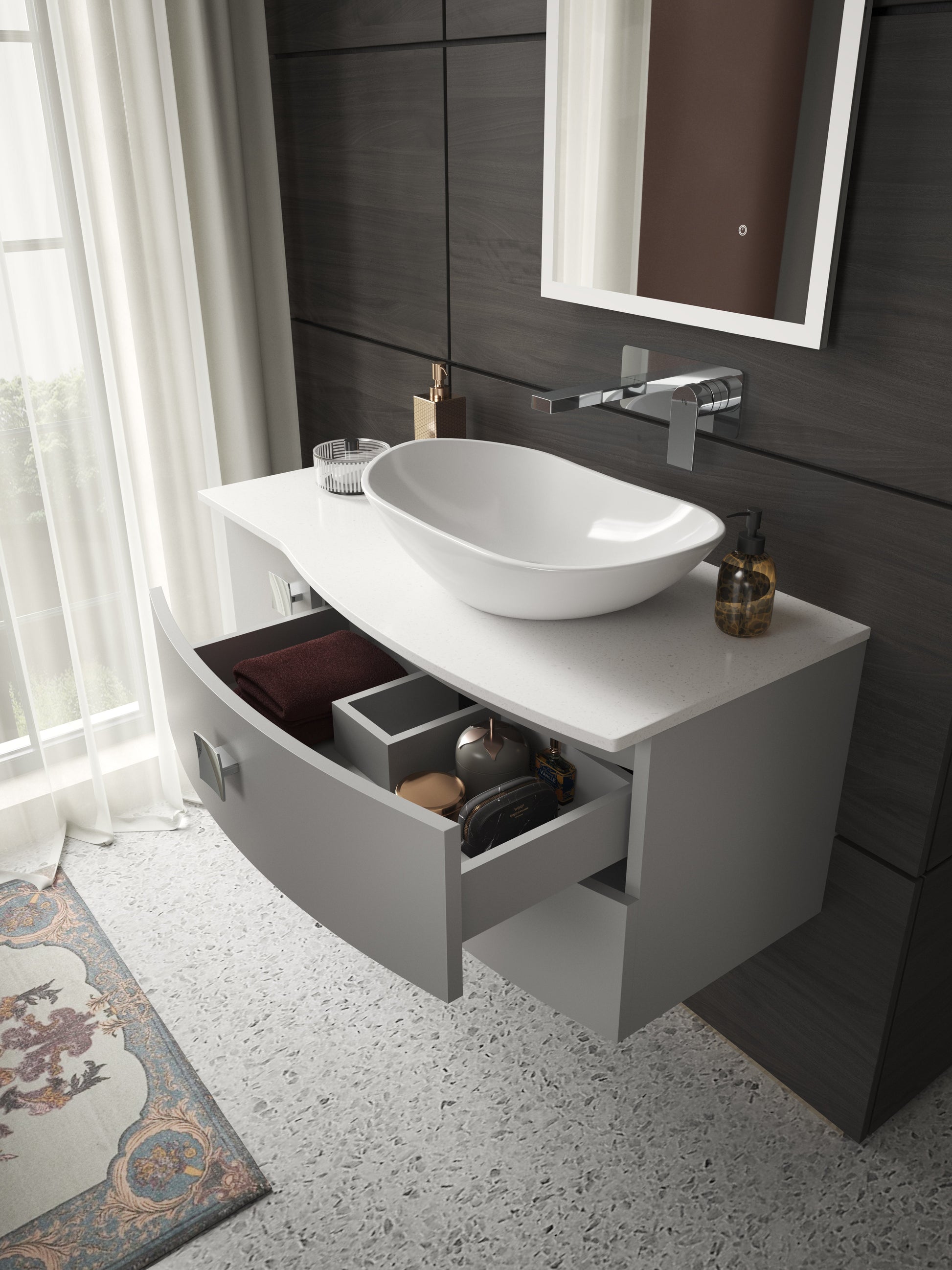Hudson Reed Sarenna 1000mm Wall Hung Right Hand 2 Drawer 1 Door Vanity Unit With White Marble Top