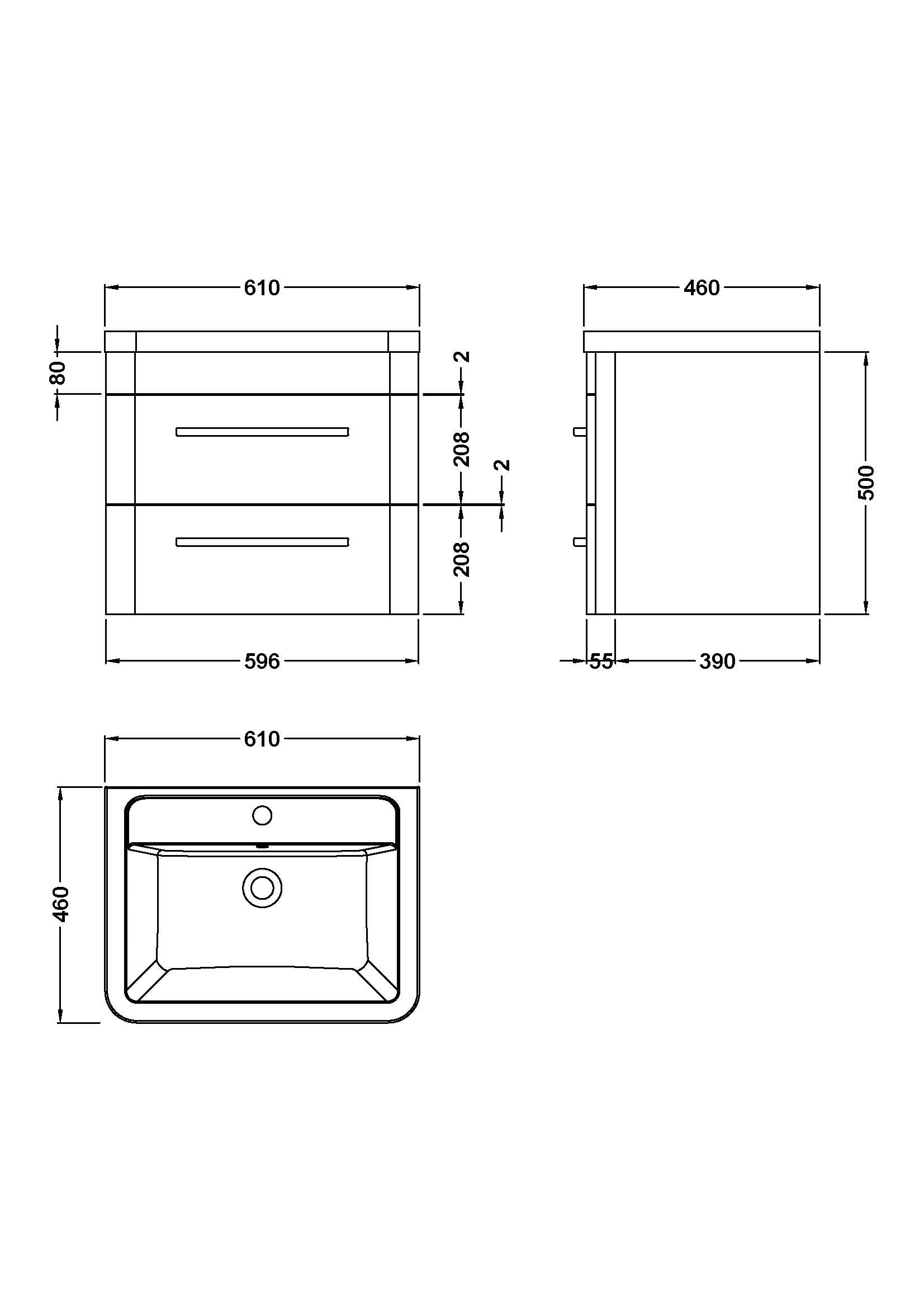Hudson Reed Solar 600mm Wall Hung 2 Drawer Vanity Unit With Ceramic Basin