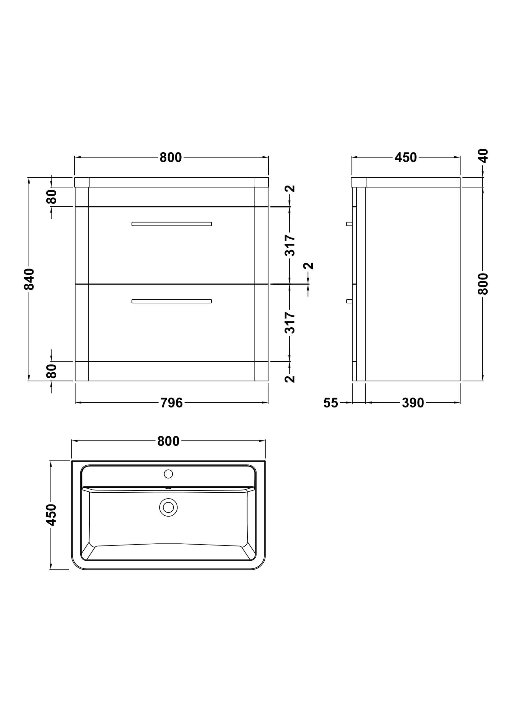 Hudson Reed Solar 800mm Floor Standing 2-Drawer Vanity Unit With Ceramic Basin