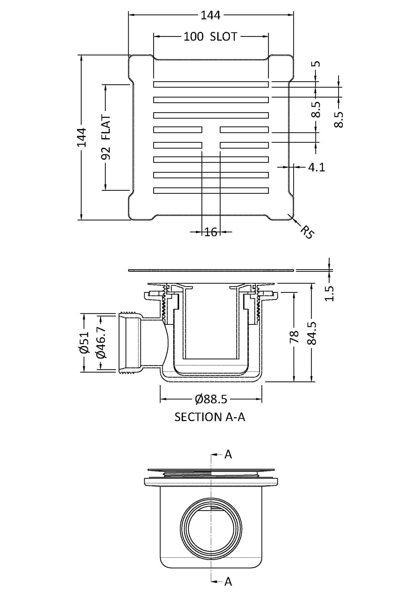 Square Shower Waste With Black Top