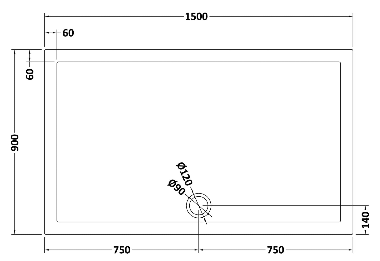 Rectangular Slimline Shower Tray 1500 x 900mm