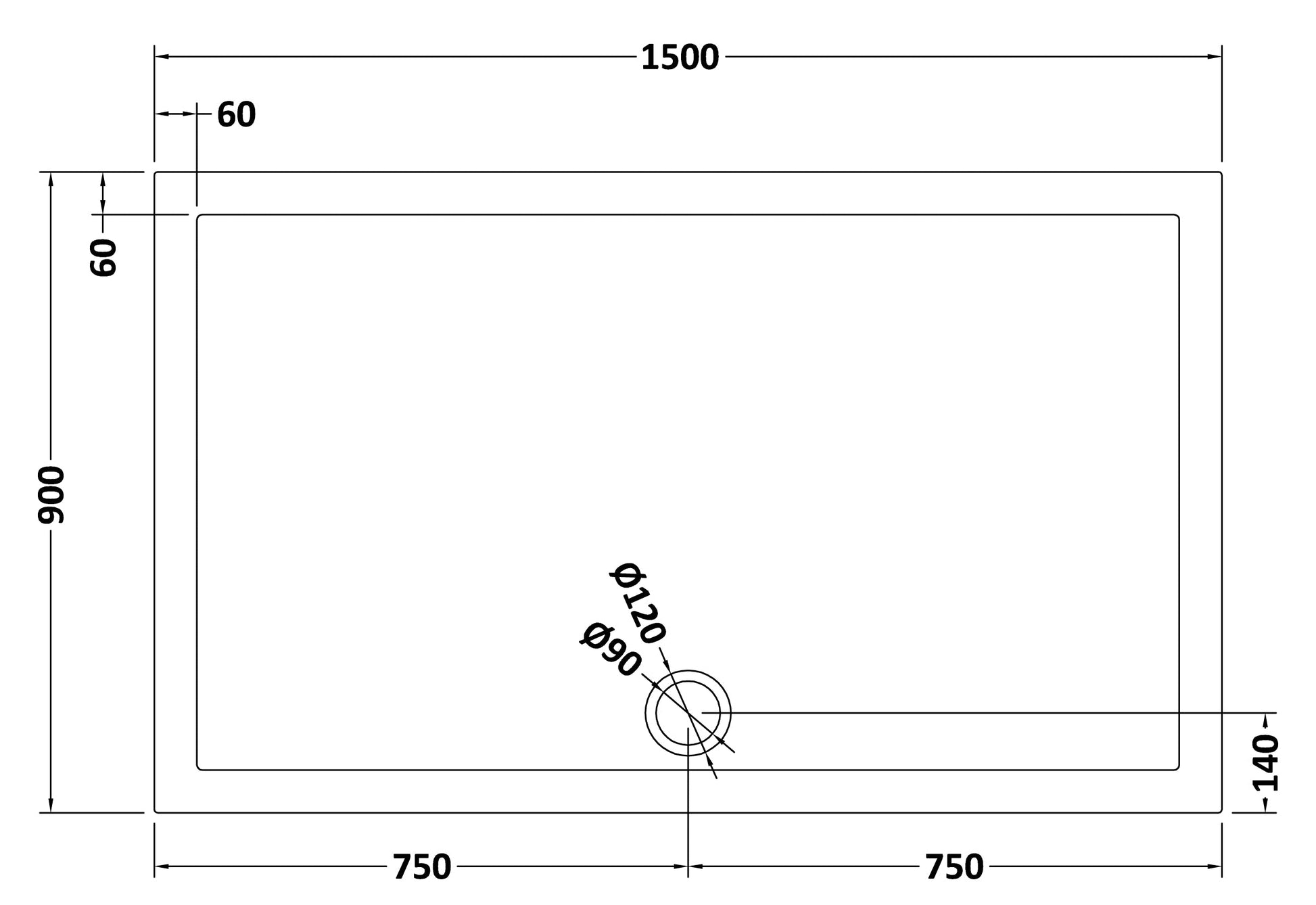 Rectangular Slimline Shower Tray 1500 x 900mm