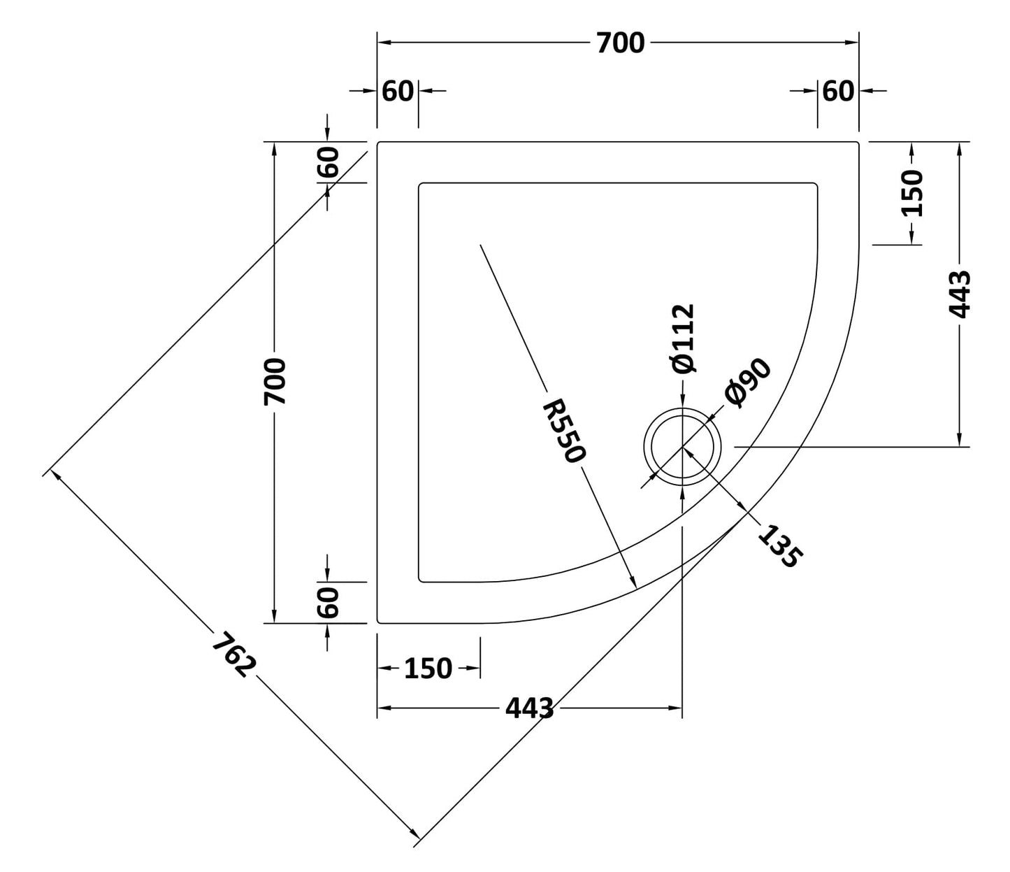 Quadrant Slimline Shower Tray 700 x 700mm