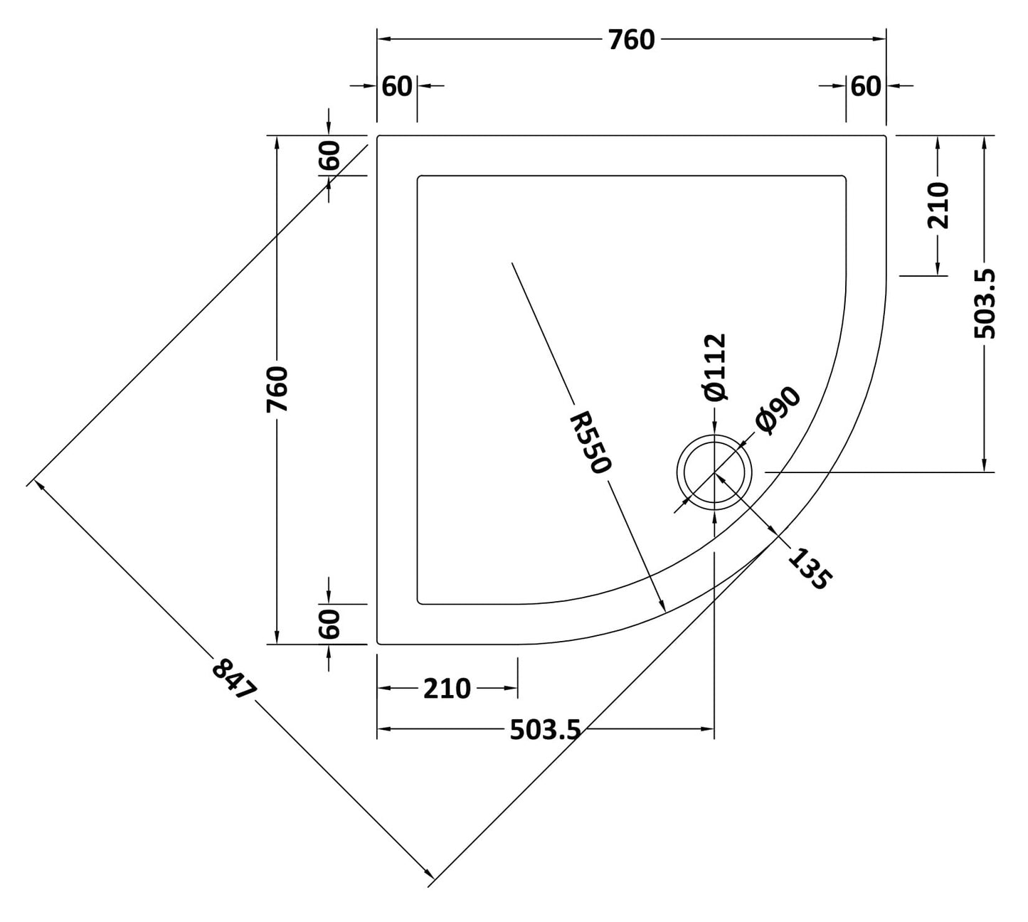 Quadrant Slimline Shower Tray 760 x 760mm