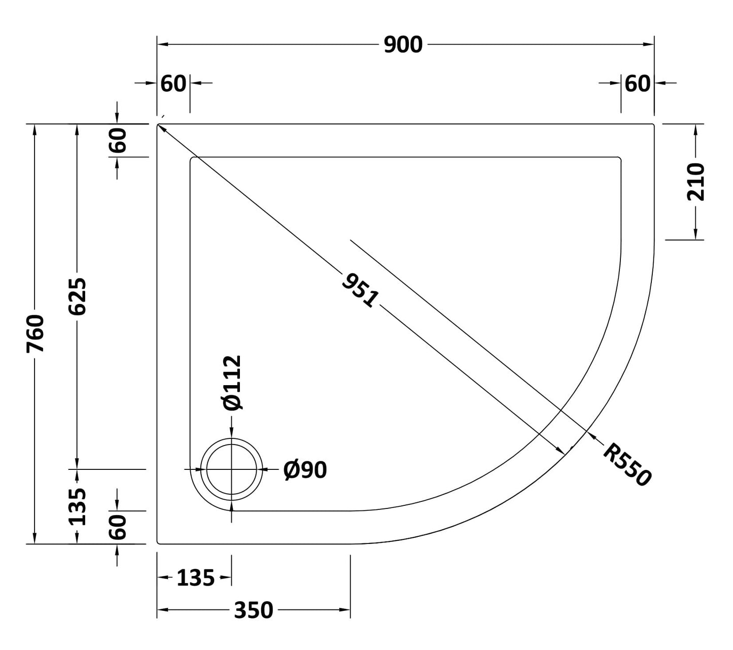 Offset Quadrant Slimline Shower Tray Right Hand 900 x 760mm