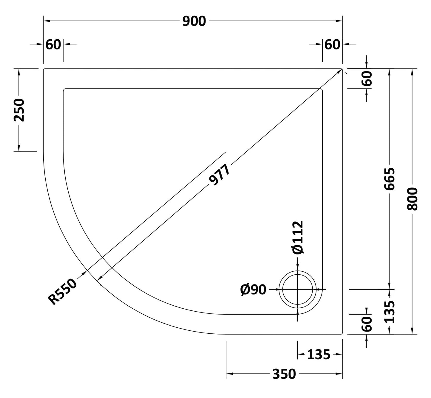Offset Quadrant Slimline Shower Tray Left Hand 900 x 800mm