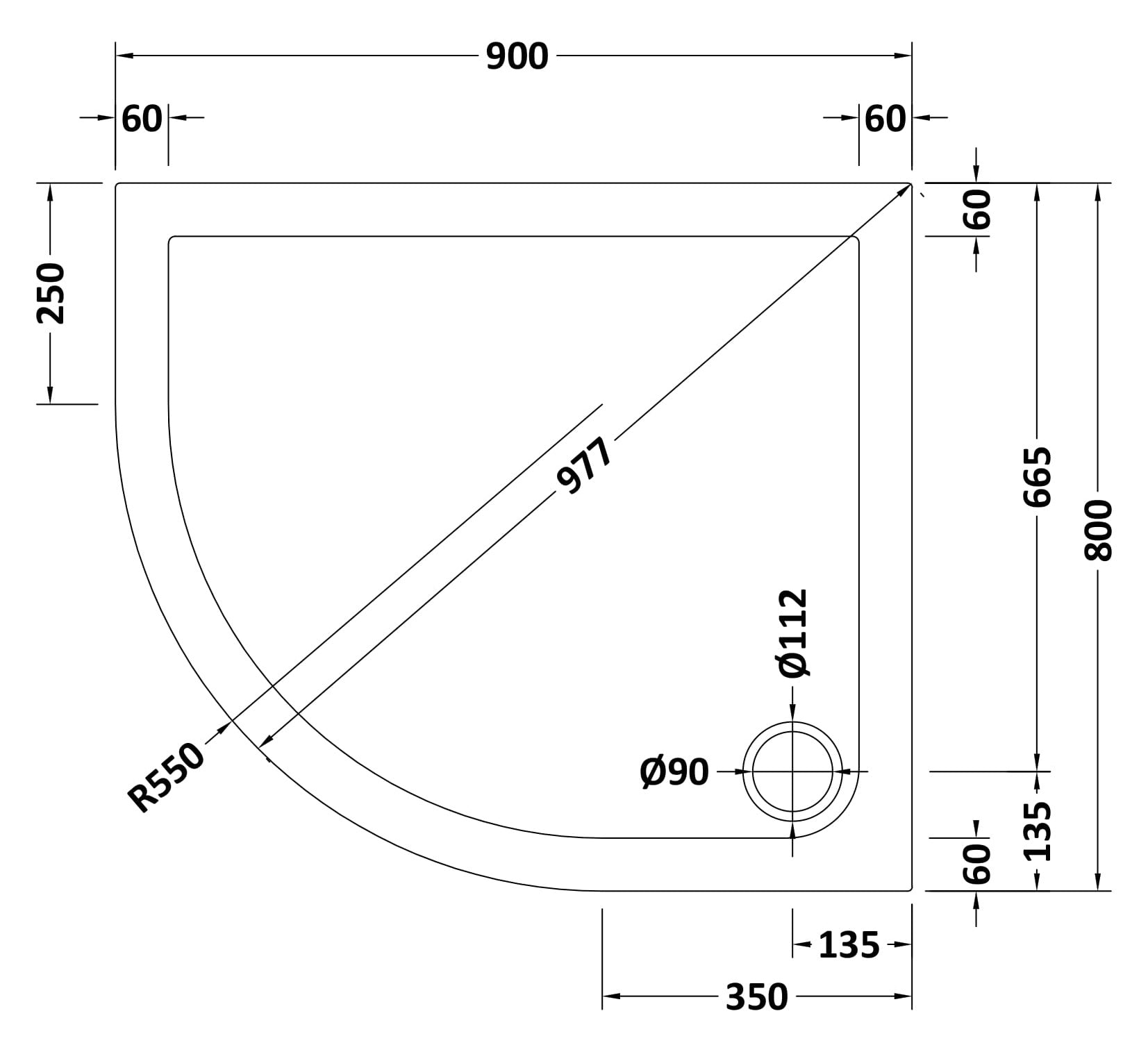 Offset Quadrant Slimline Shower Tray Left Hand 900 x 800mm