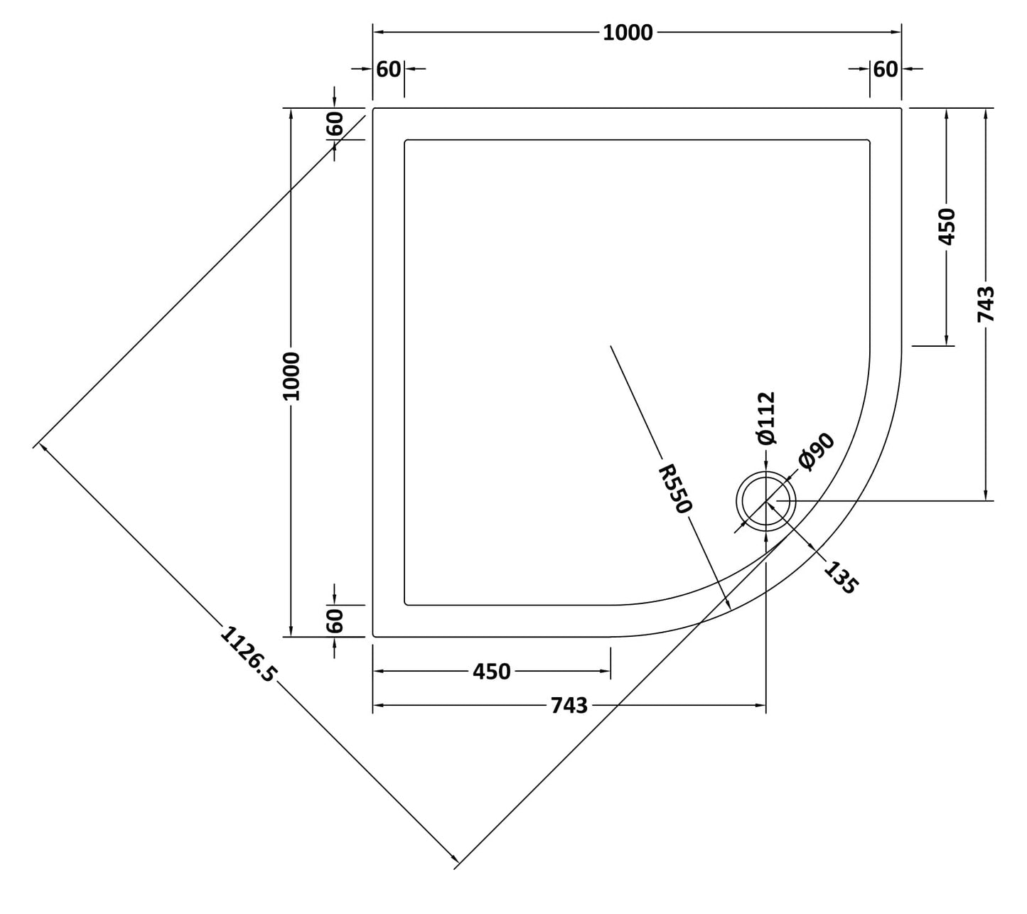 Quadrant Slimline Shower Tray 1000 x 1000mm