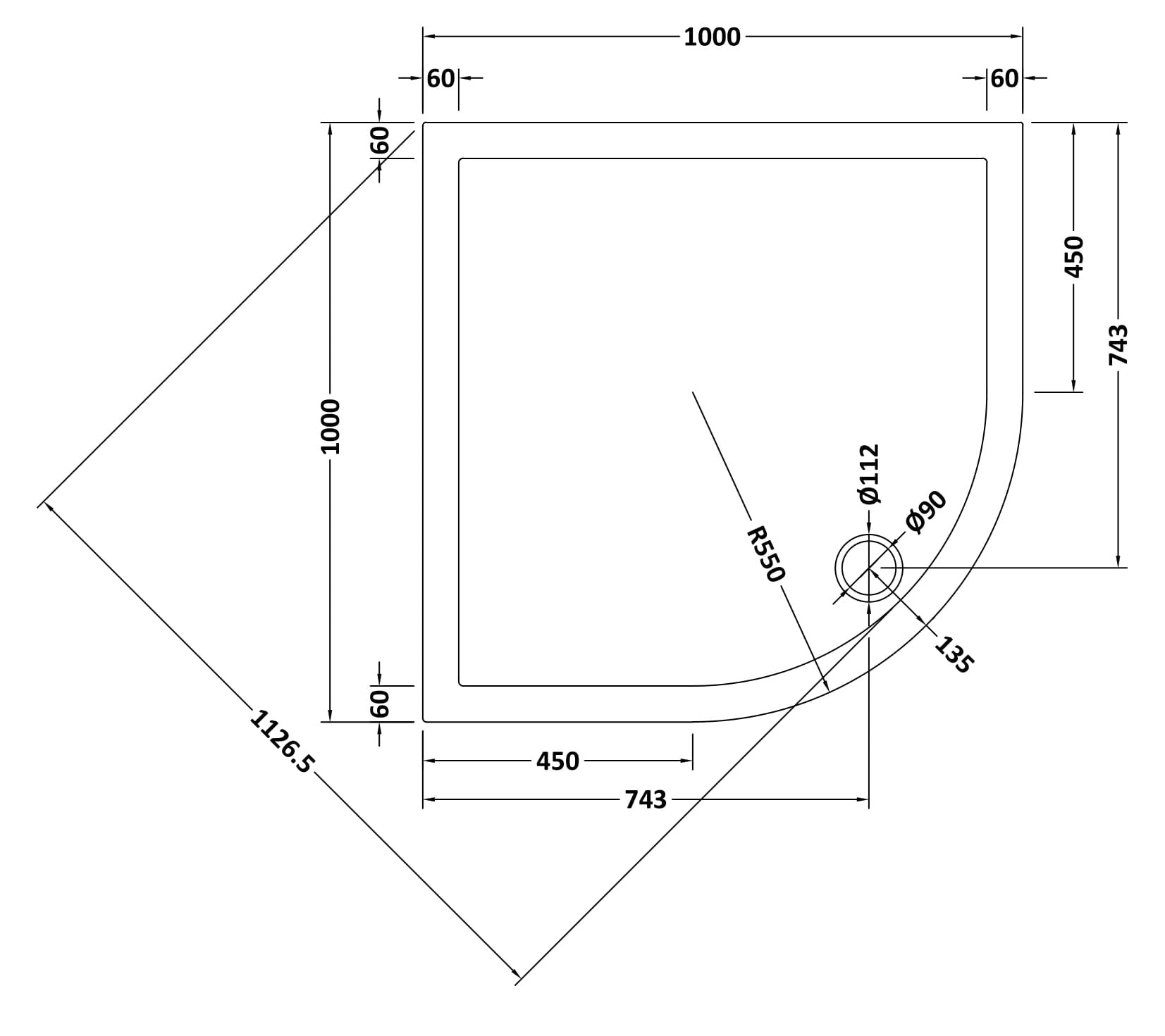 Quadrant Slimline Shower Tray 1000 x 1000mm