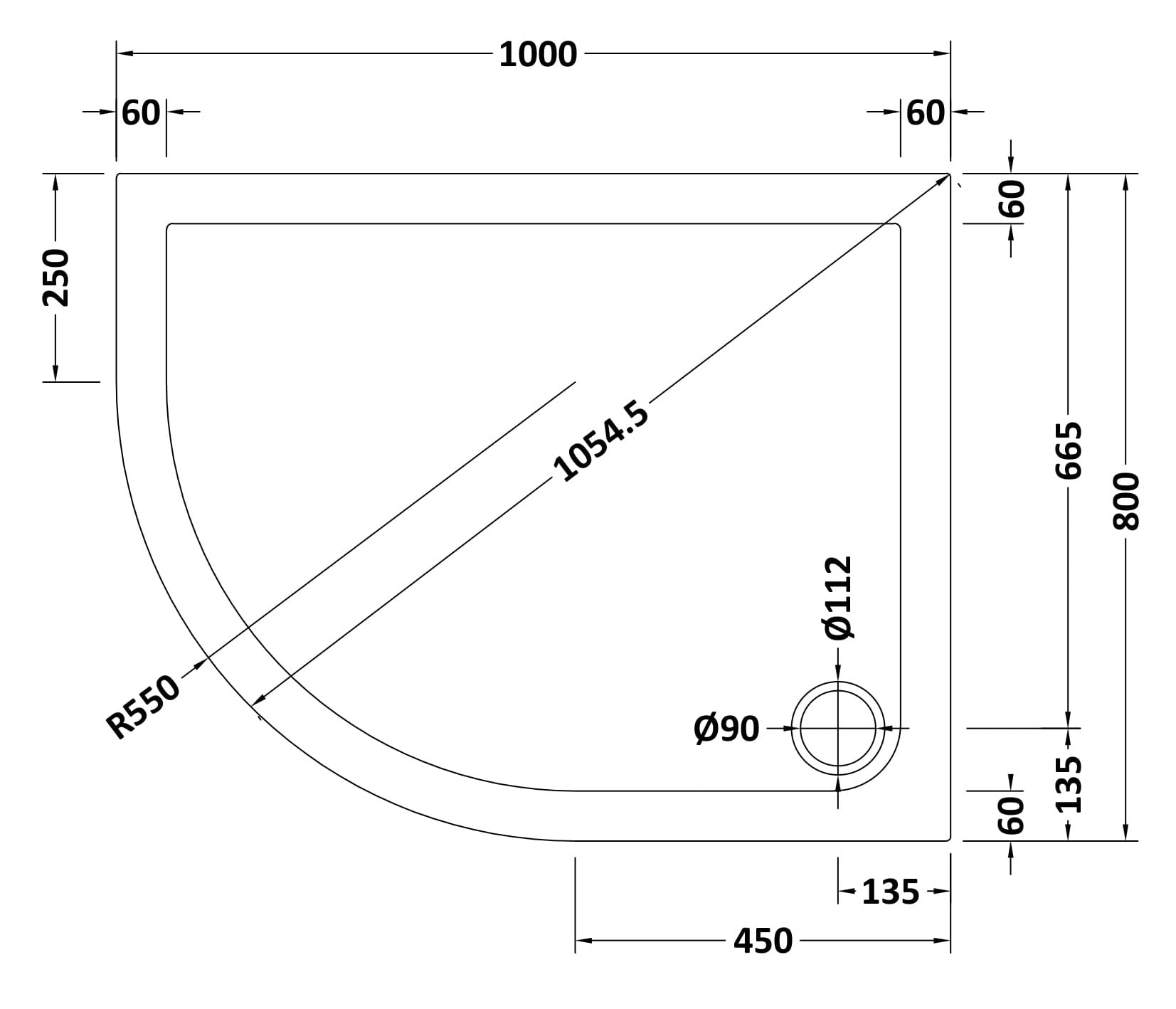 Offset Quadrant Slimline Shower Tray Left Hand 1000 x 800mm