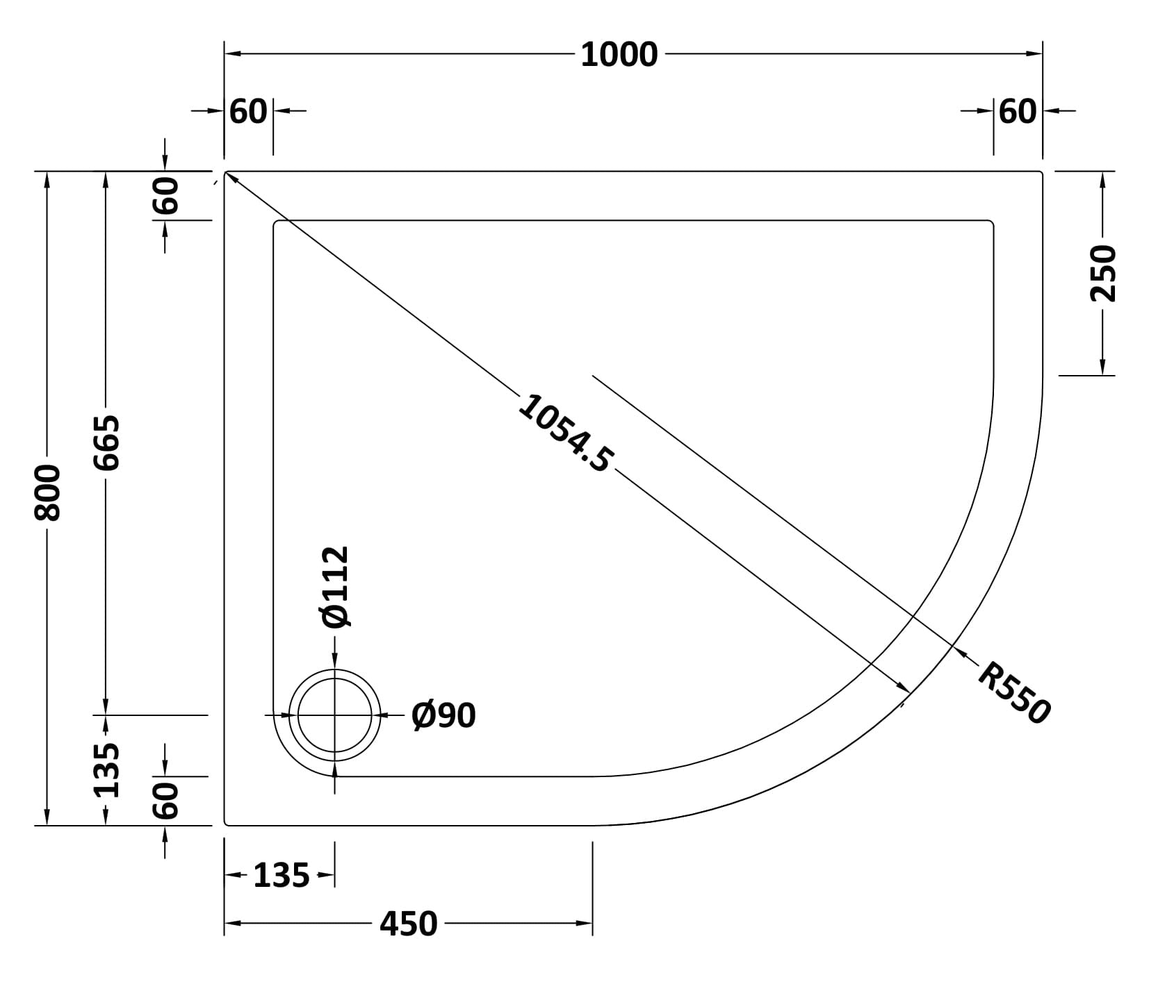 Offset Quadrant Slimline Shower Tray Right Hand 1000 x 800mm