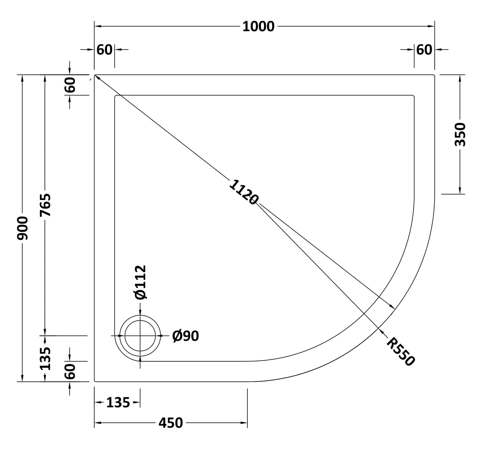 Offset Quadrant Slimline Shower Tray Right Hand 1000 x 900mm