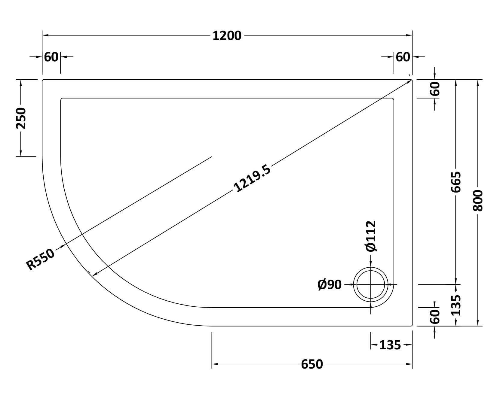 Offset Quadrant Slimline Shower Tray Left Hand 1200 x 800mm