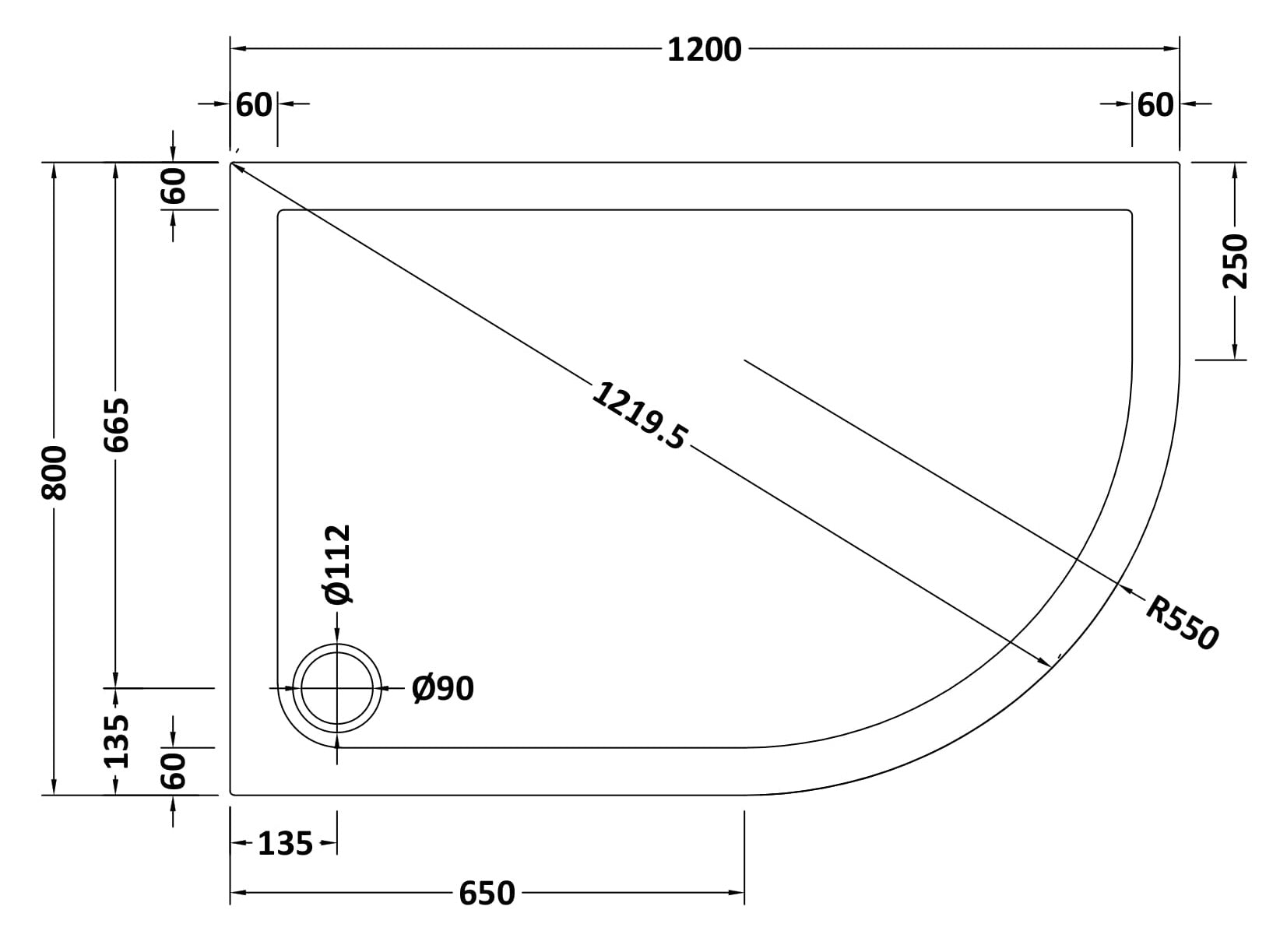 Offset Quadrant Slimline Shower Tray Right Hand 1200 x 800mm