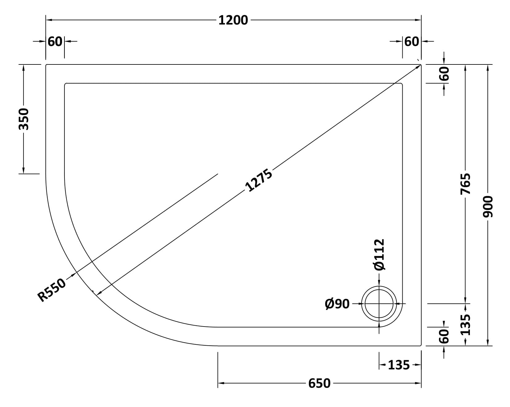 Offset Quadrant Slimline Shower Tray Left Hand 1200 x 900mm