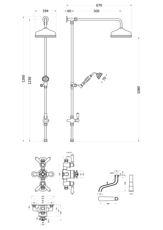 White Topaz Triple Thermostatic Shower Valve With Rigid Riser
