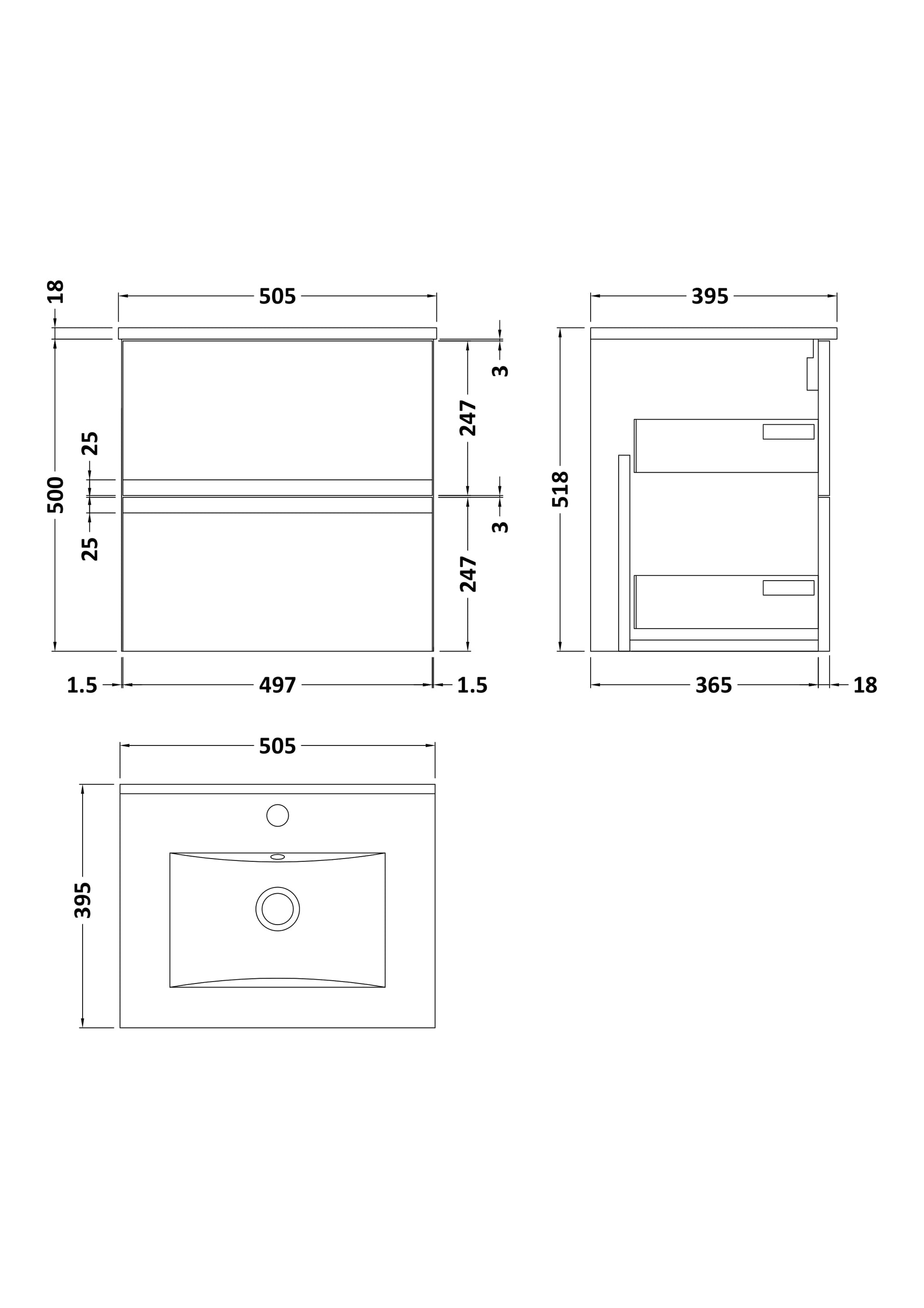 Urban 500mm Wall Hung 2-Drawer Unit and Minimalist Basin 1 Tap Hole