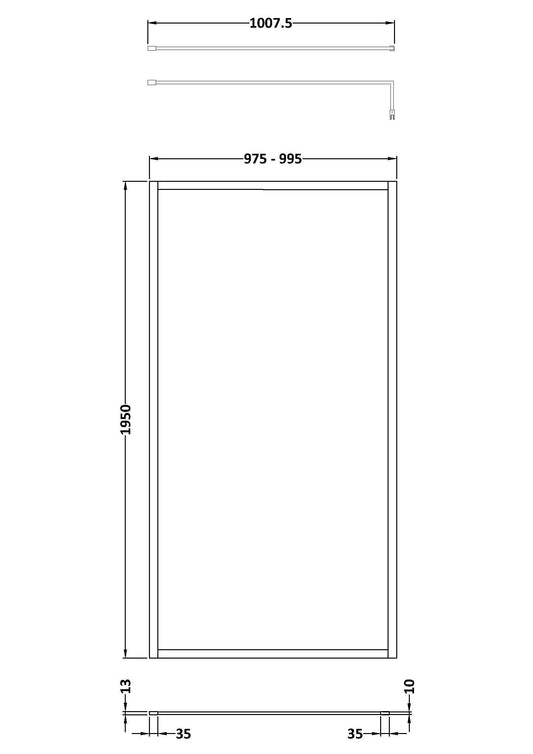 Full Outer Frame Wetroom Screens Full Outer Frame Wetroom 8mm Toughened Safety Glass Screen & Support Bar 1950mm x 1000mm x 8mm